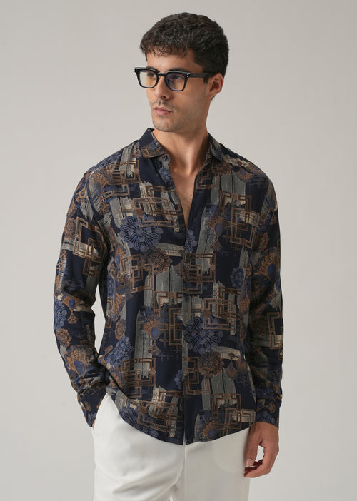 Blue Flora Grid Print Feather Shirt