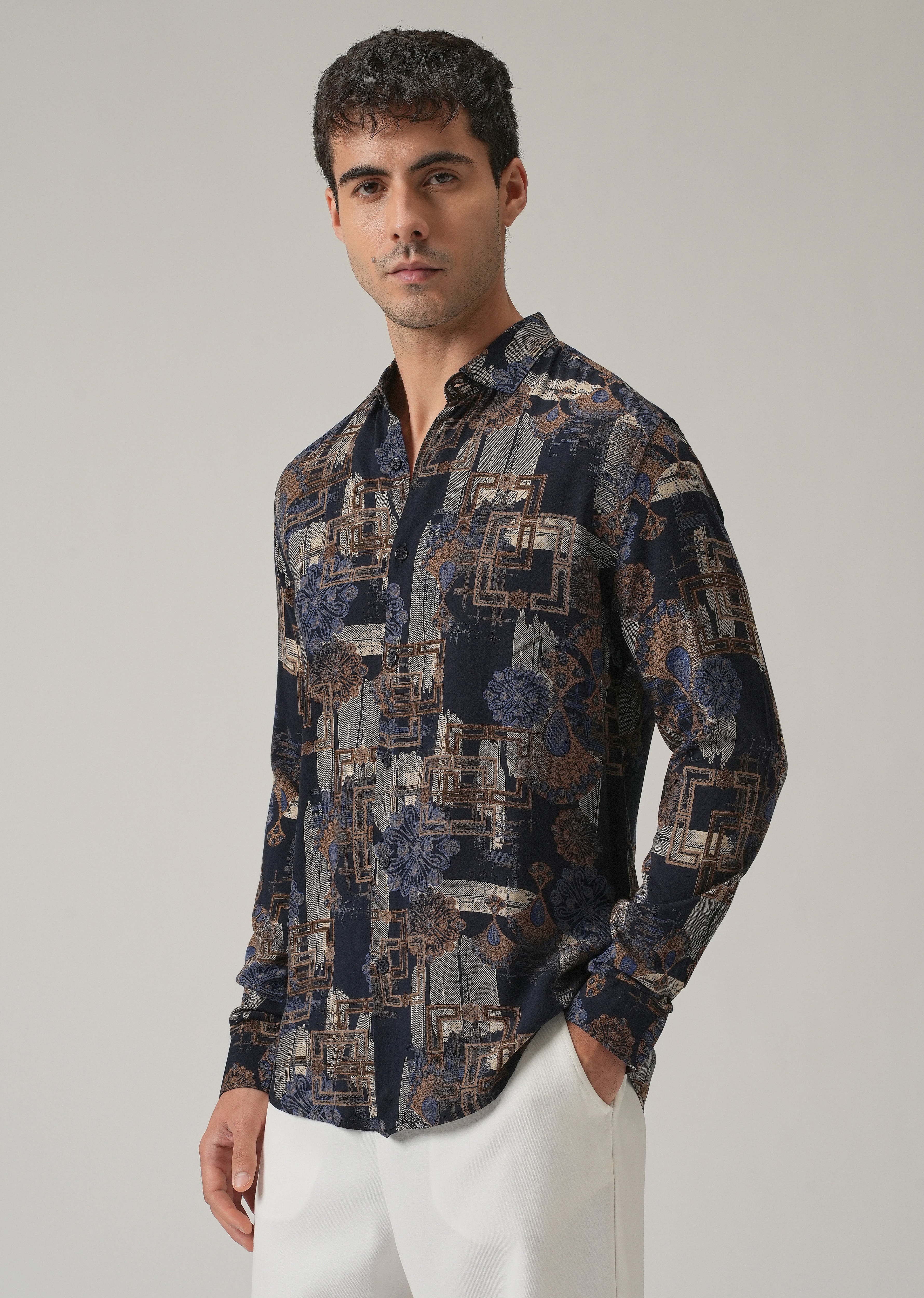 Blue Flora Grid Print Feather Shirt