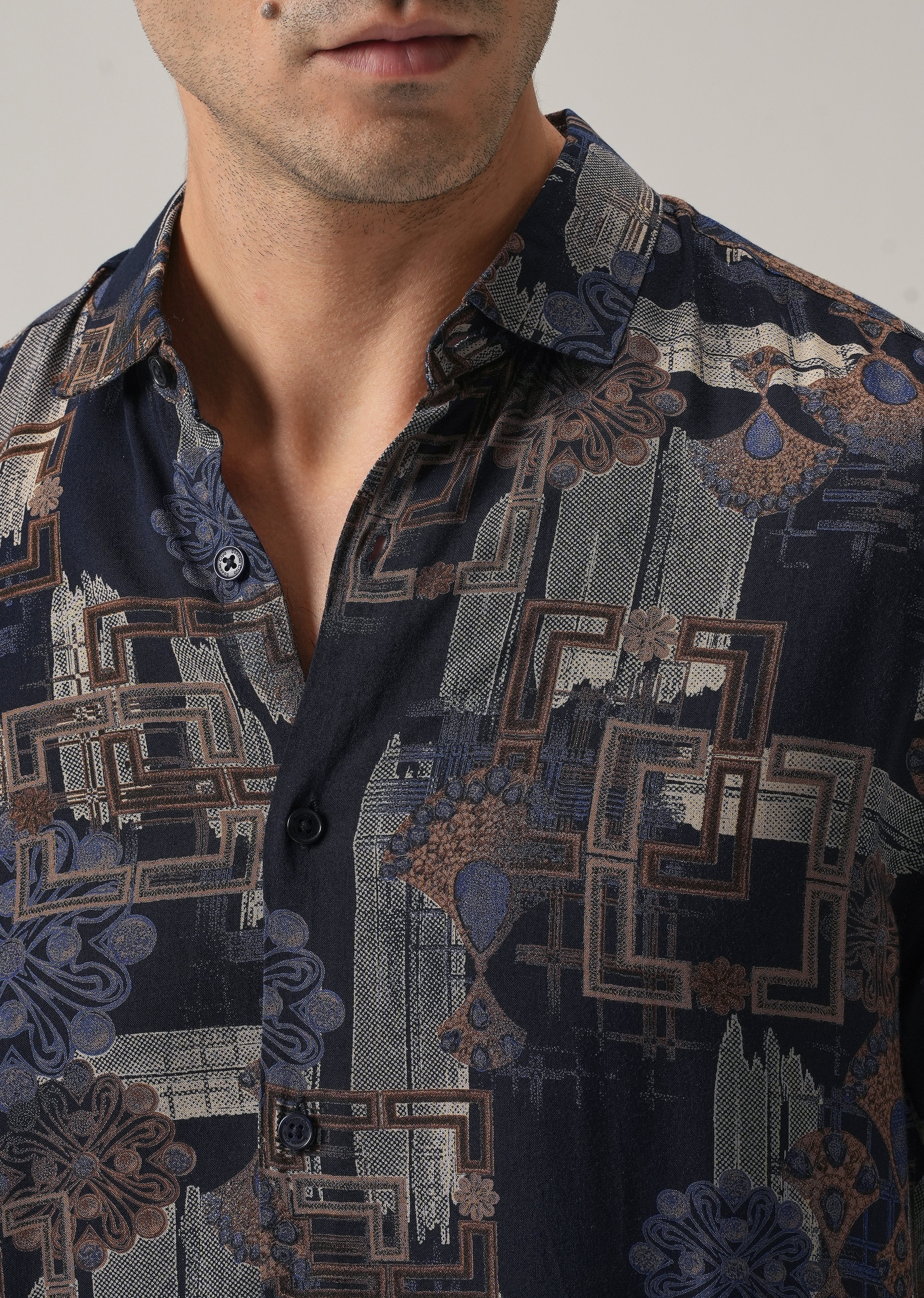 Blue Flora Grid Print Feather Shirt