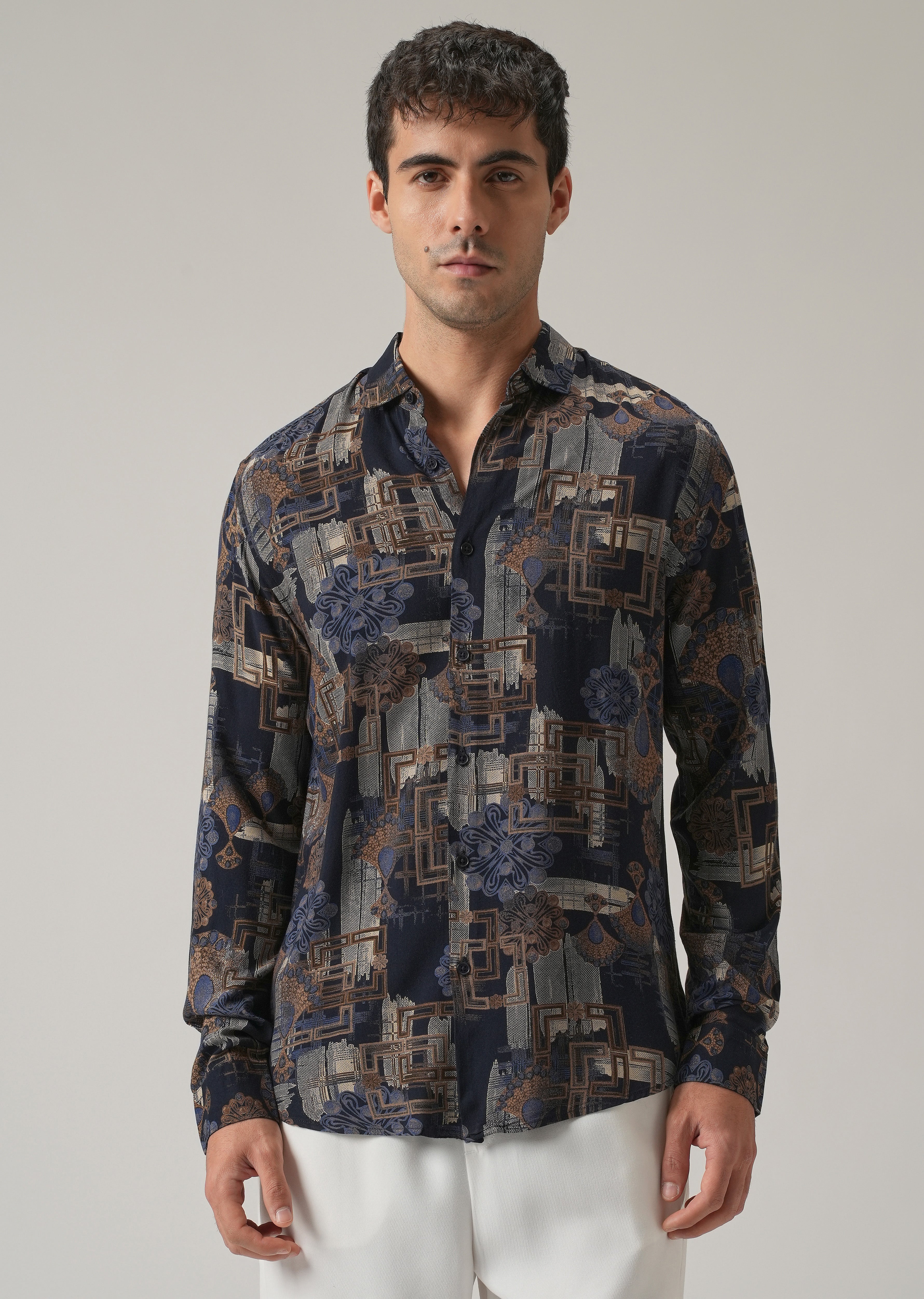 Blue Flora Grid Print Feather Shirt