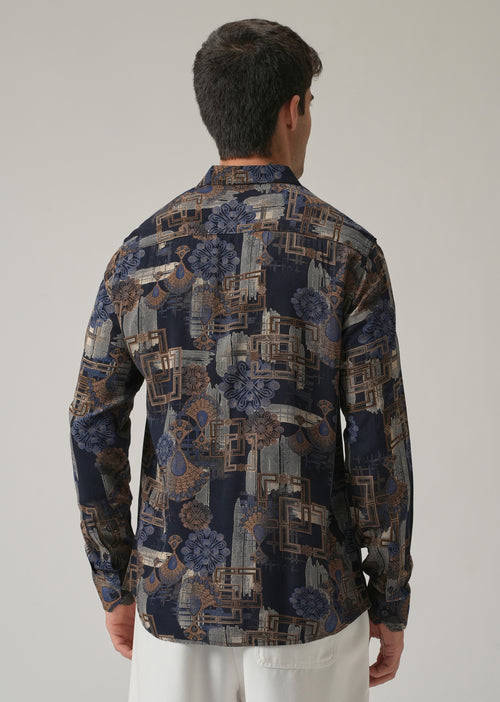 Blue Flora Grid Print Feather Shirt