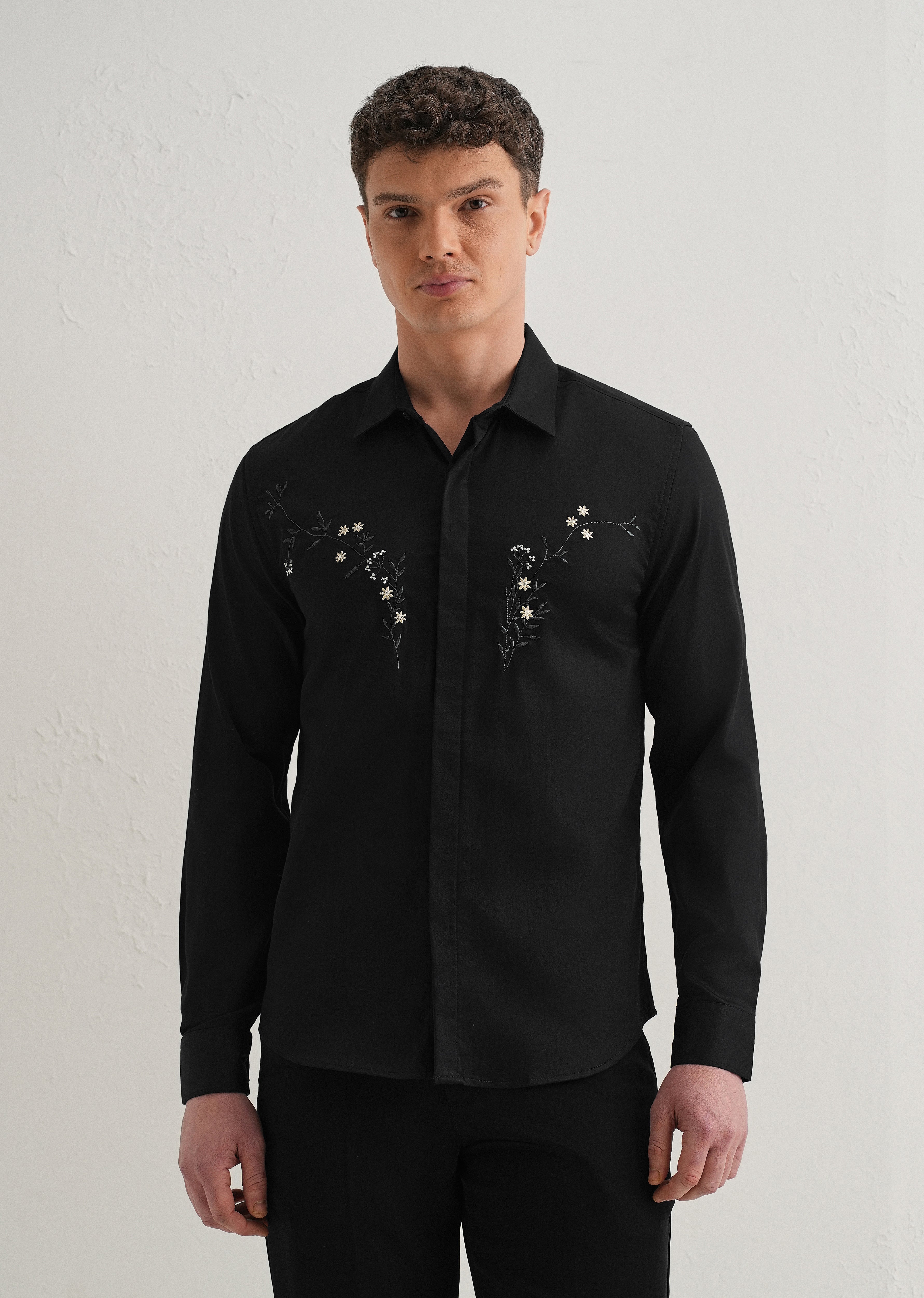 Floral Embroidered Black Designer Shirt