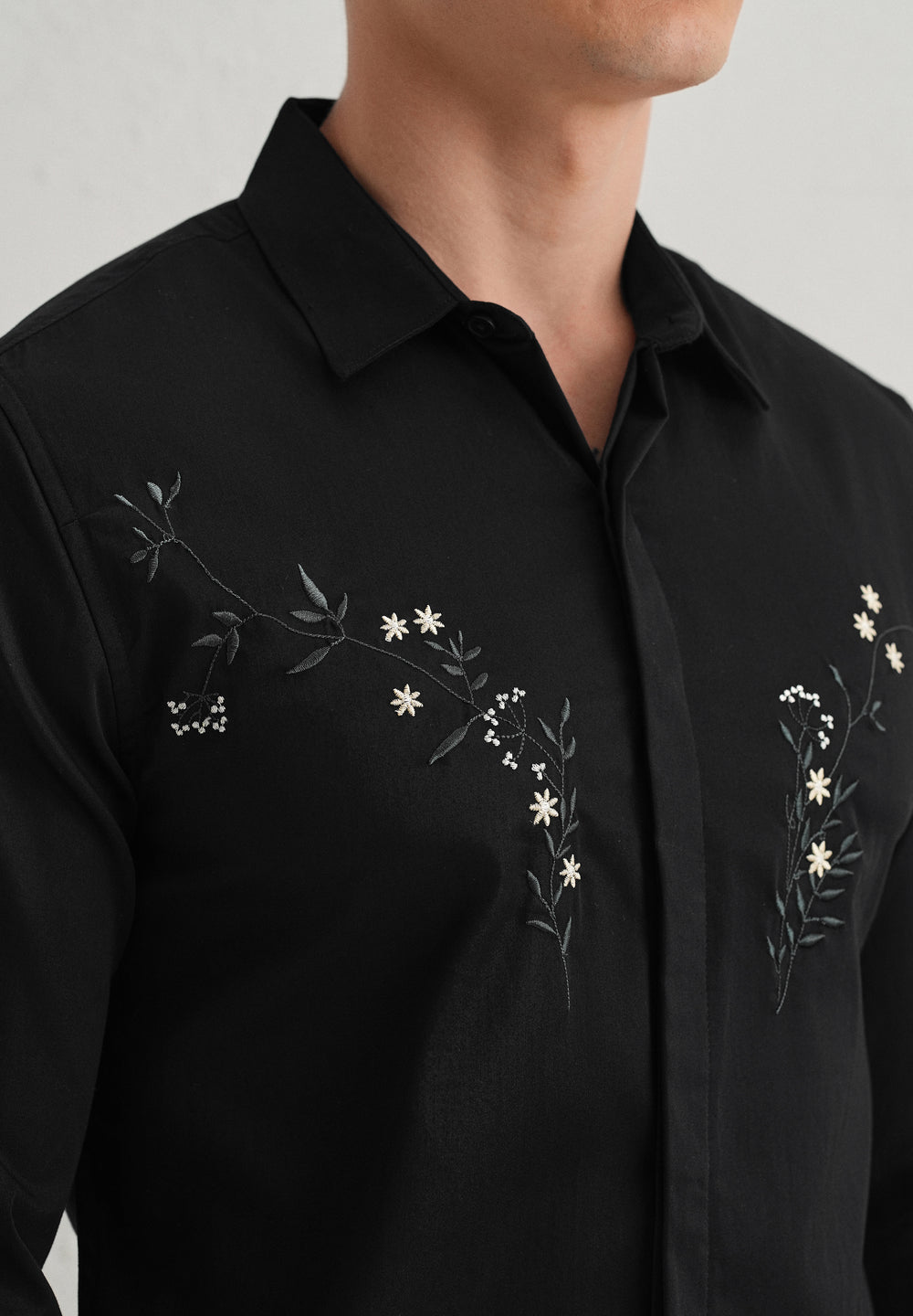 Floral Embroidered Black Designer Shirt