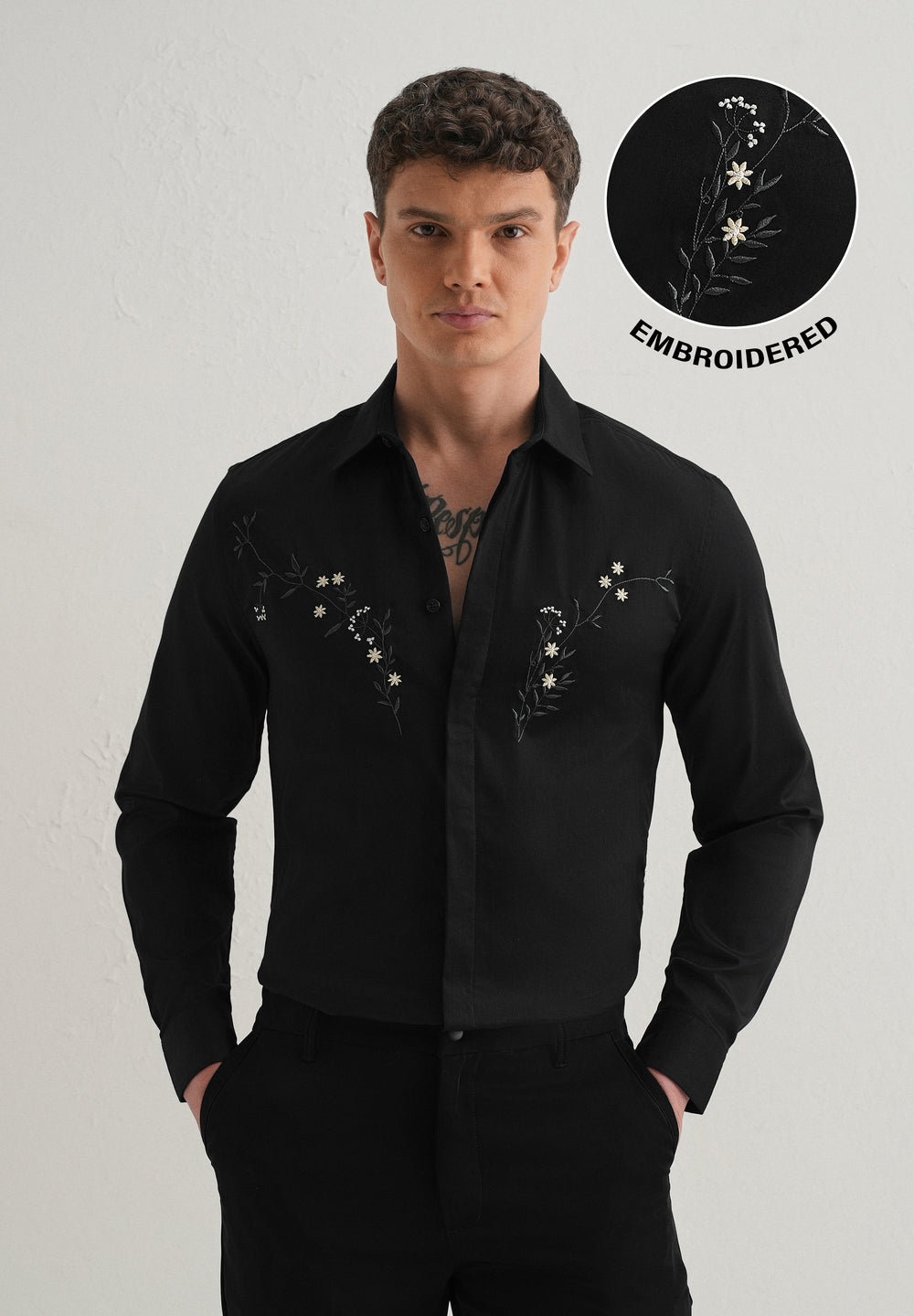 Floral Embroidered Black Designer Shirt