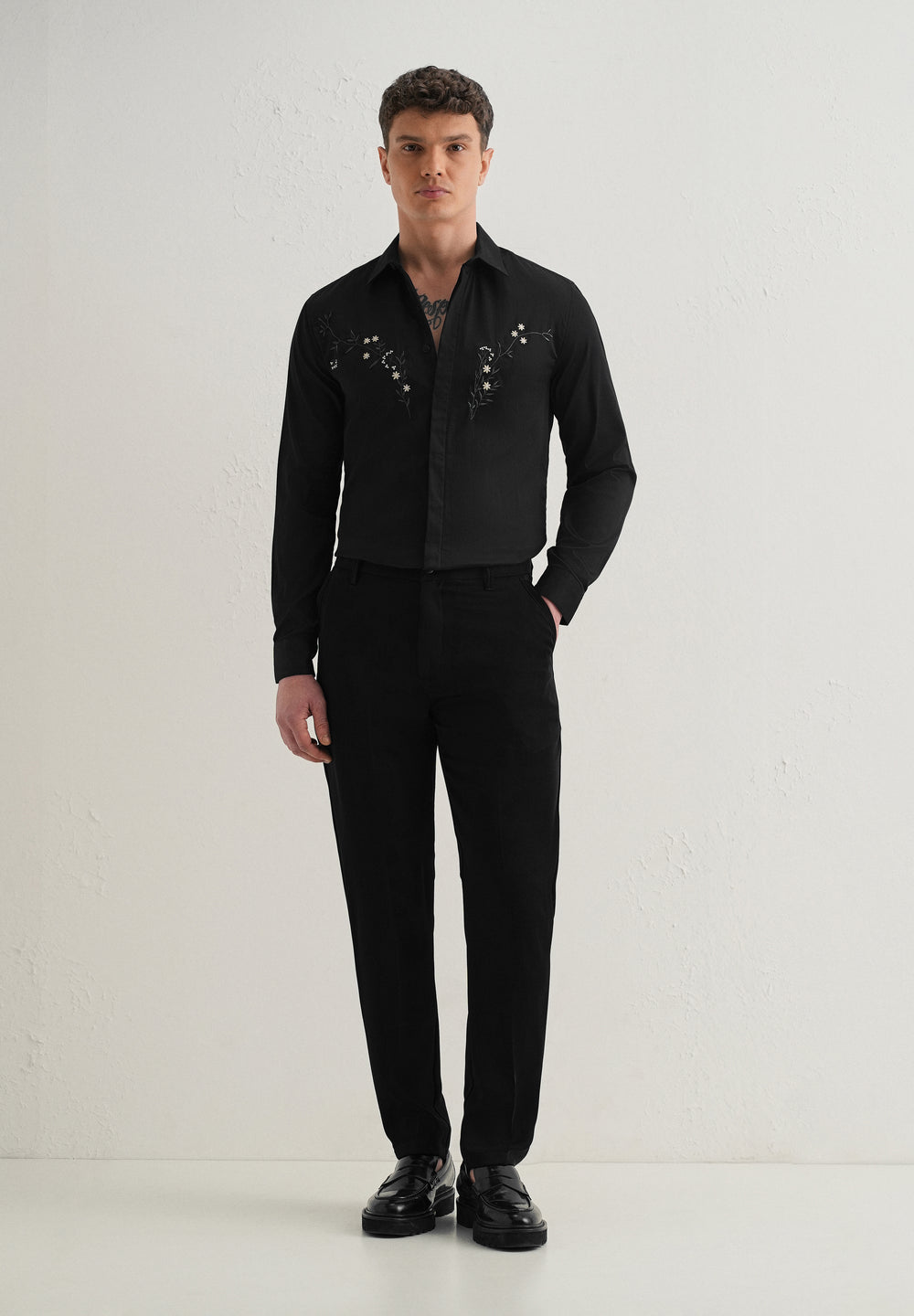 Floral Embroidered Black Designer Shirt