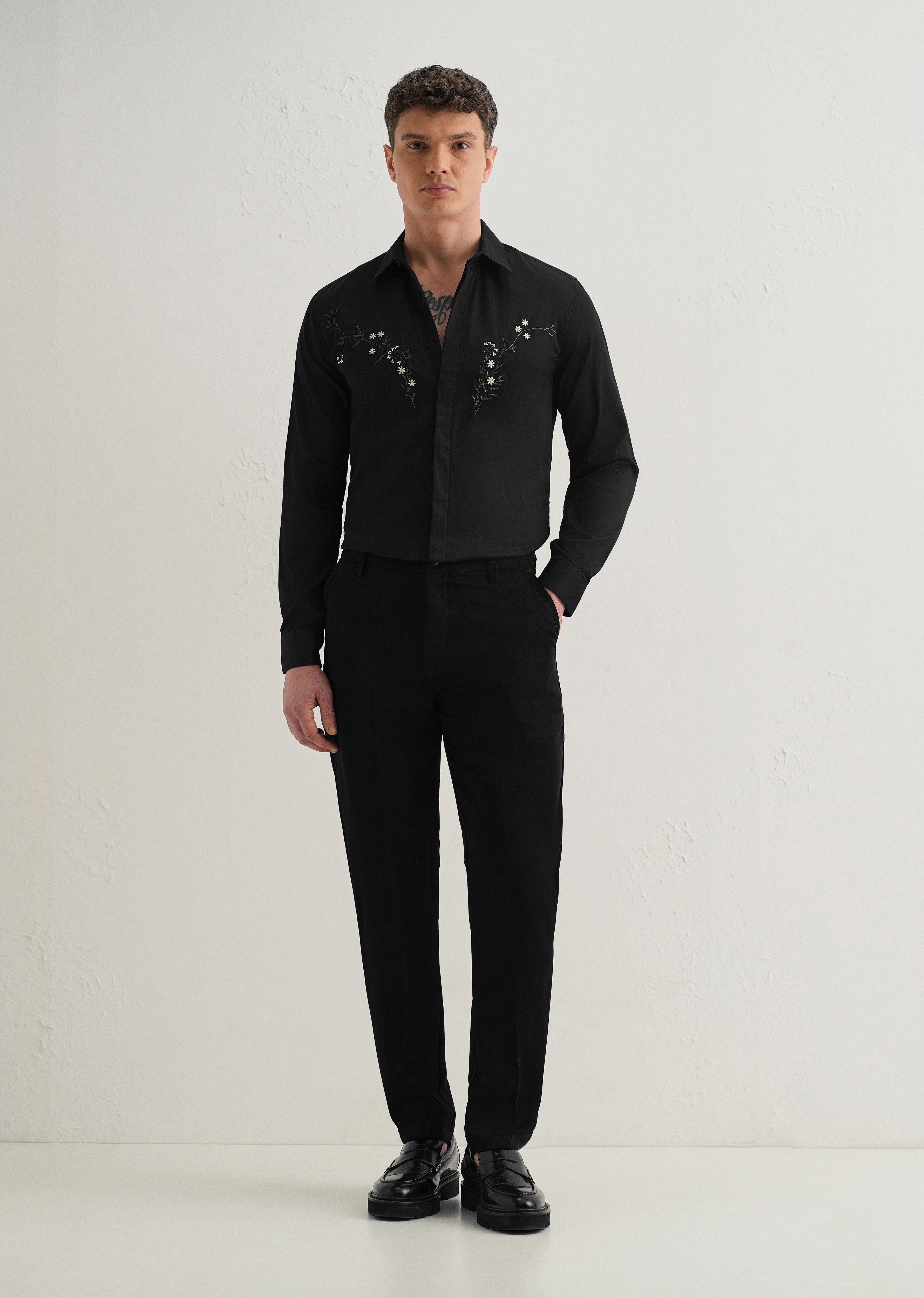 Floral Embroidered Black Designer Shirt
