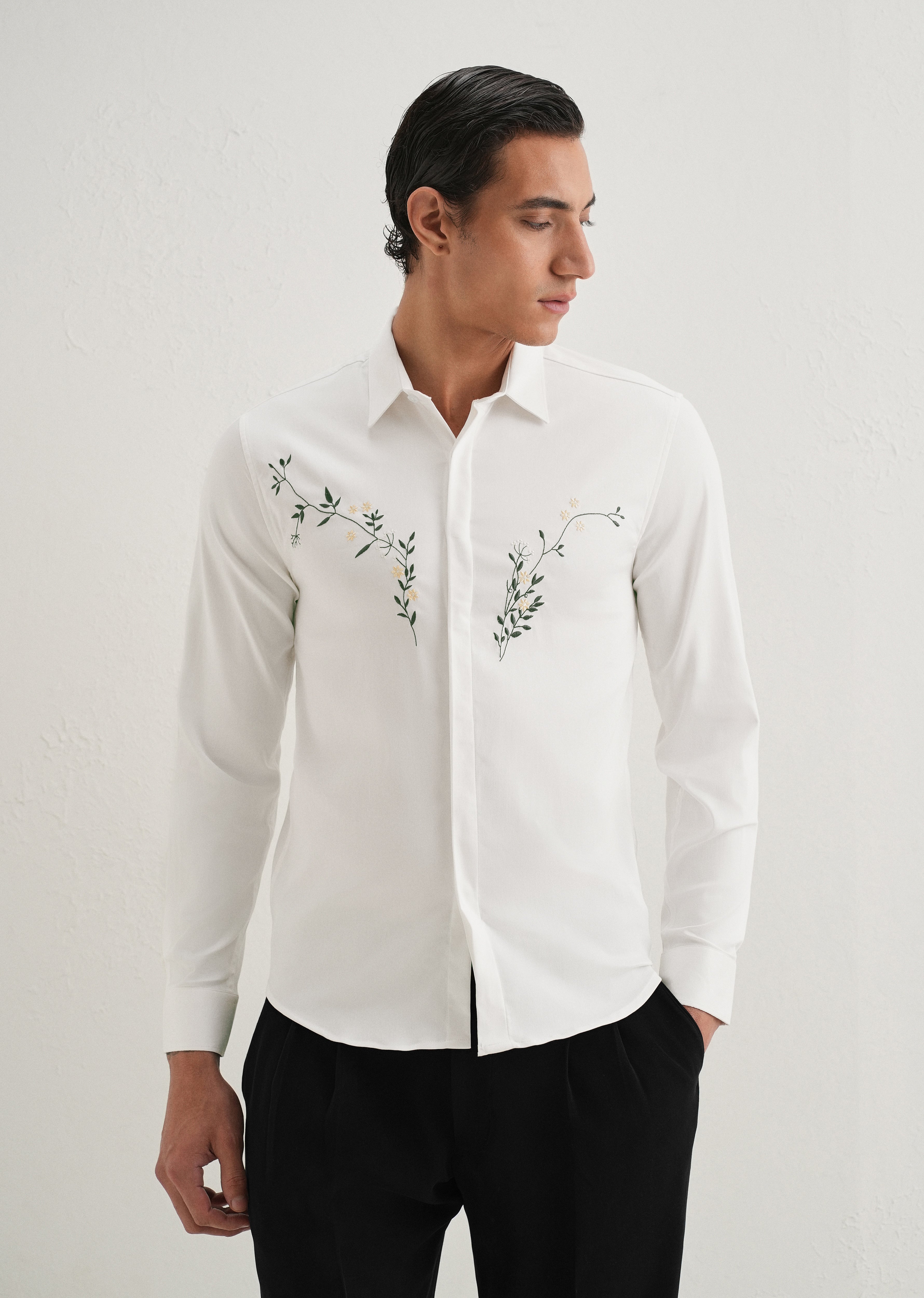 Floral Embroidered White Designer Shirt