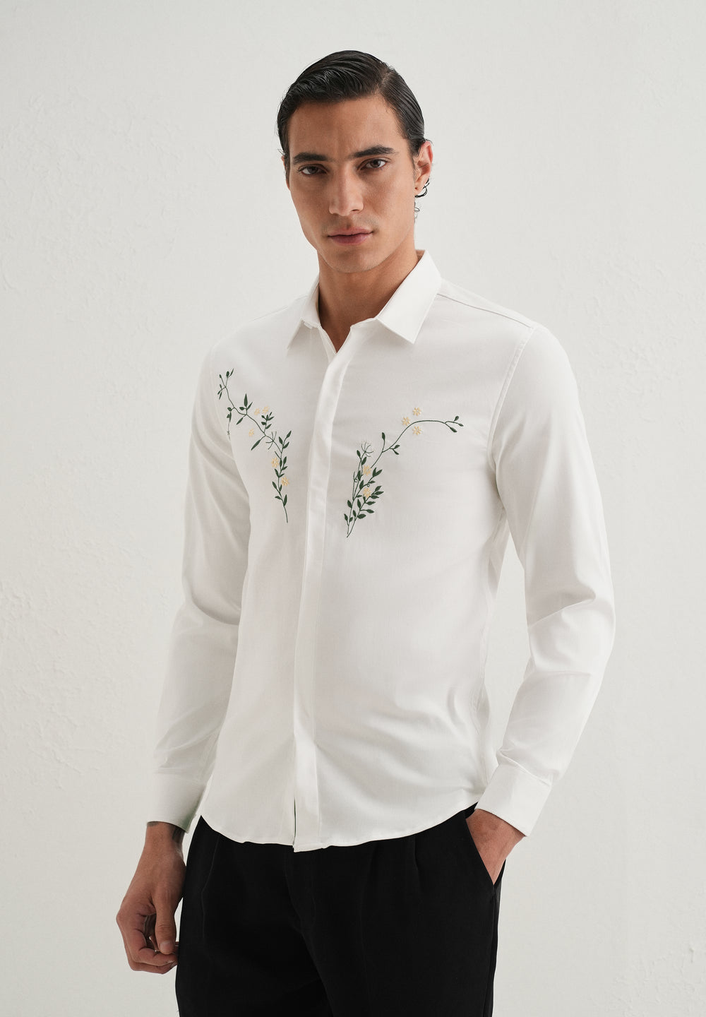 Floral Embroidered White Designer Shirt