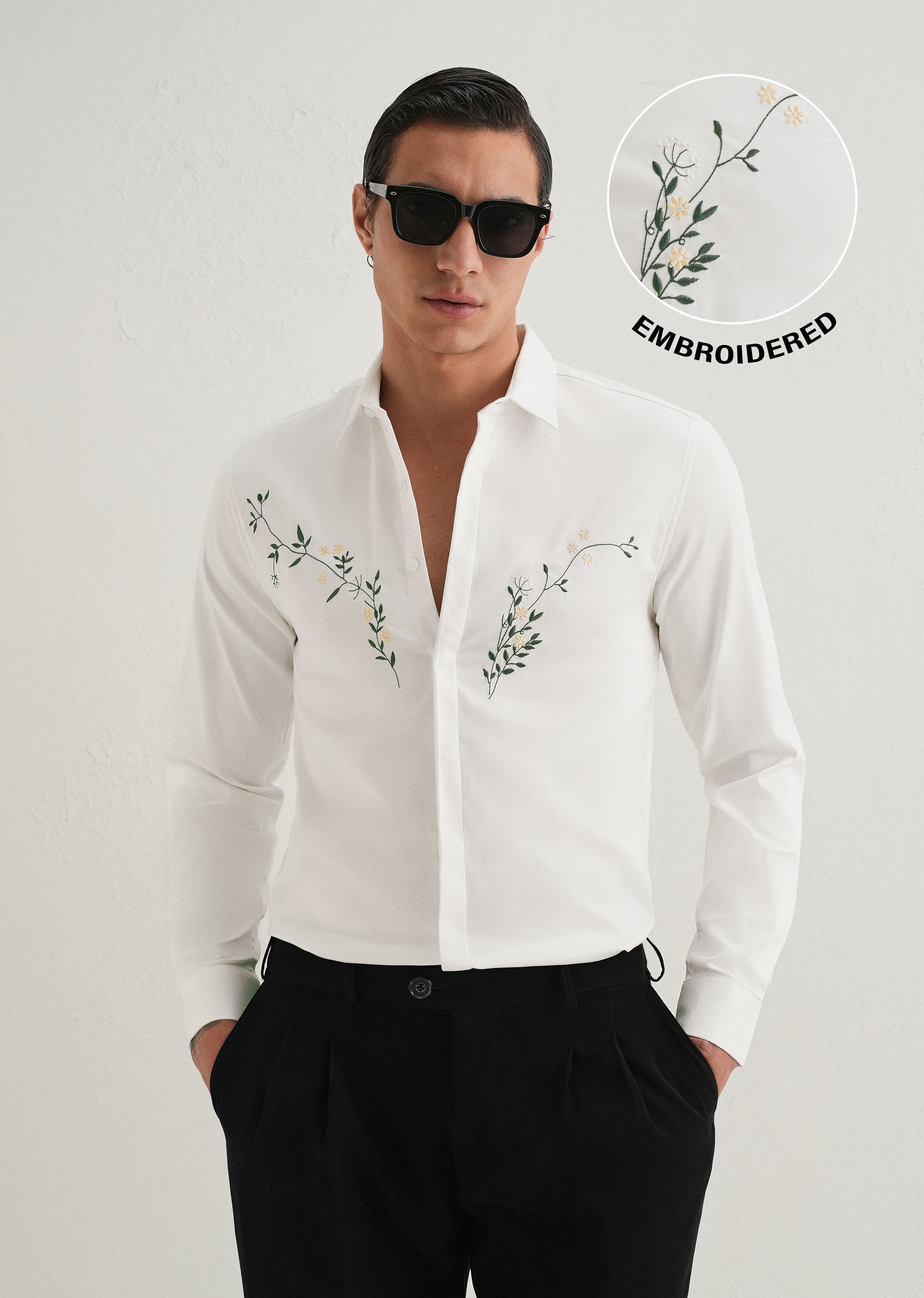 Floral Embroidered White Designer Shirt