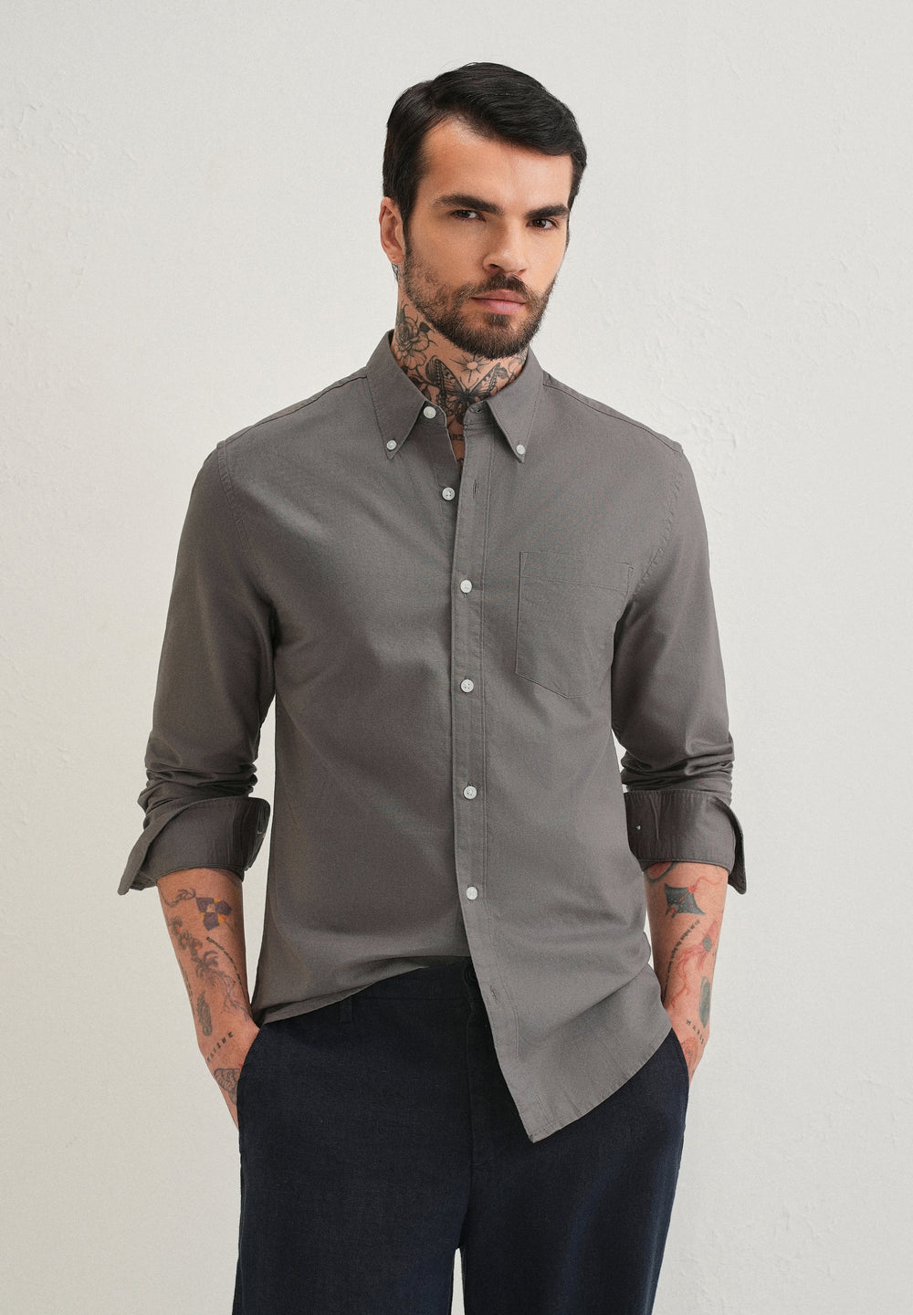 Fossil Grey Plain Cotton Oxford Shirt