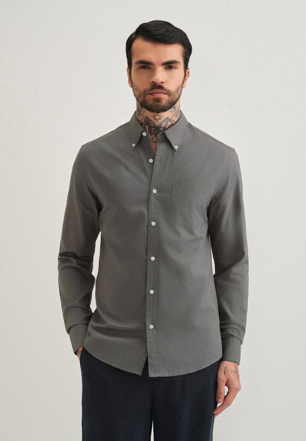 Fossil Grey Plain Cotton Oxford Shirt