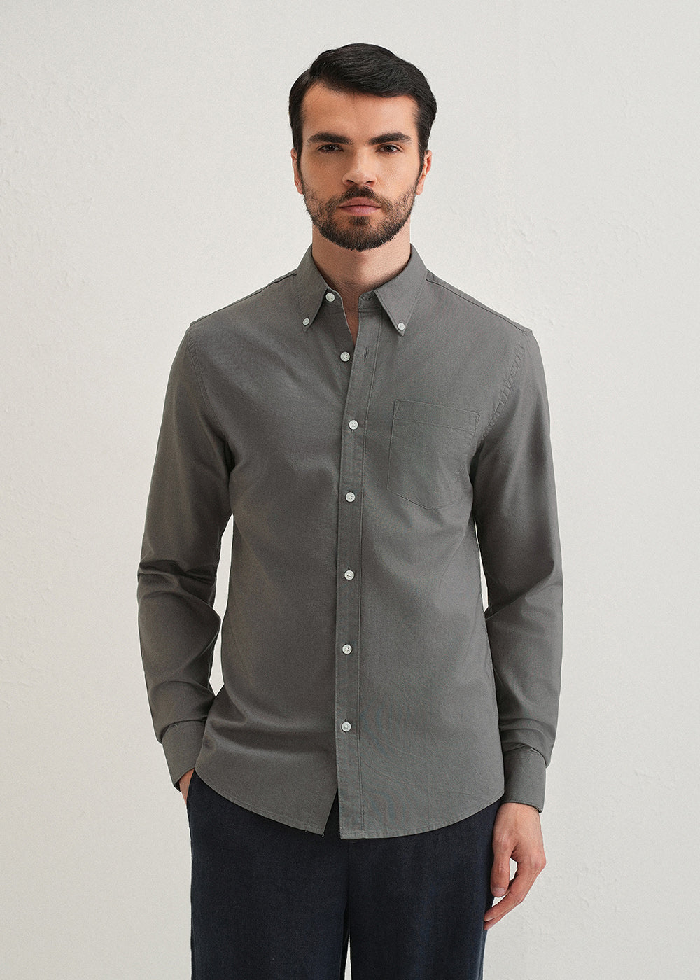 Fossil Grey Plain Cotton Oxford Shirt