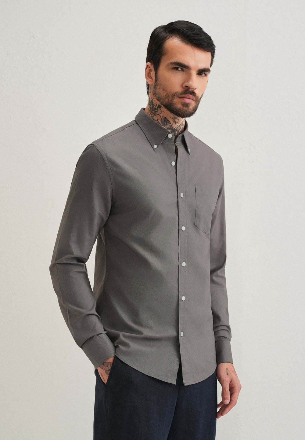 Fossil Grey Plain Cotton Oxford Shirt