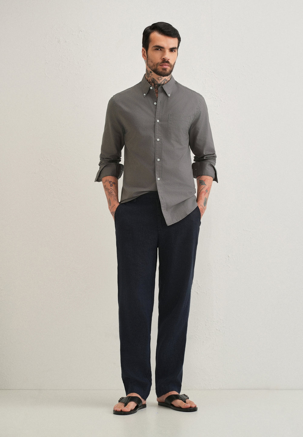 Fossil Grey Plain Cotton Oxford Shirt