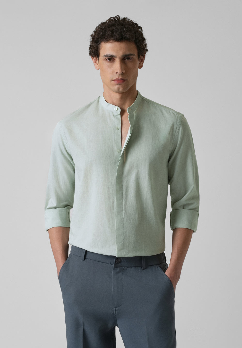 French Mist Green Cotton Linen Shirt