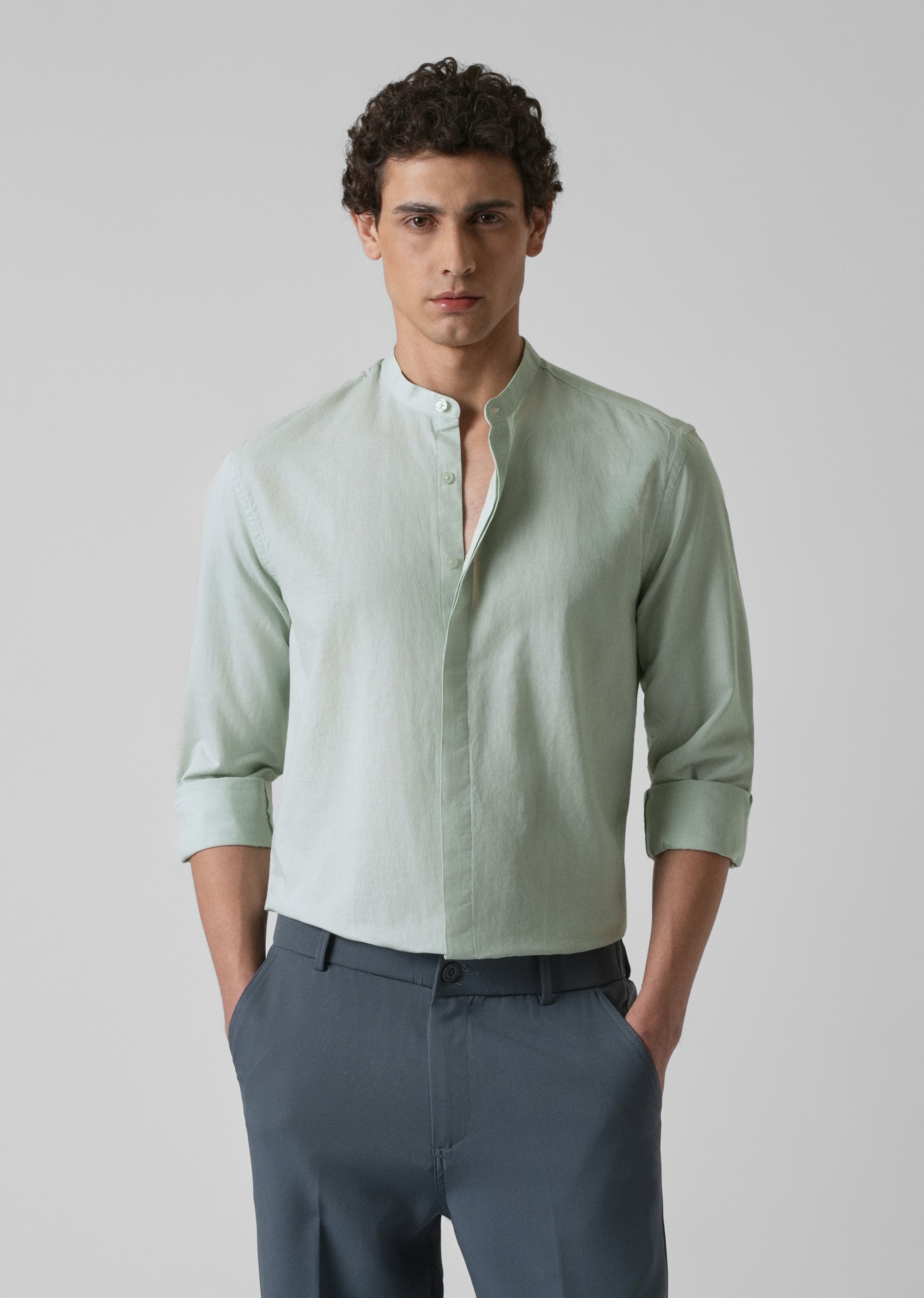 French Mist Green Cotton Linen Shirt