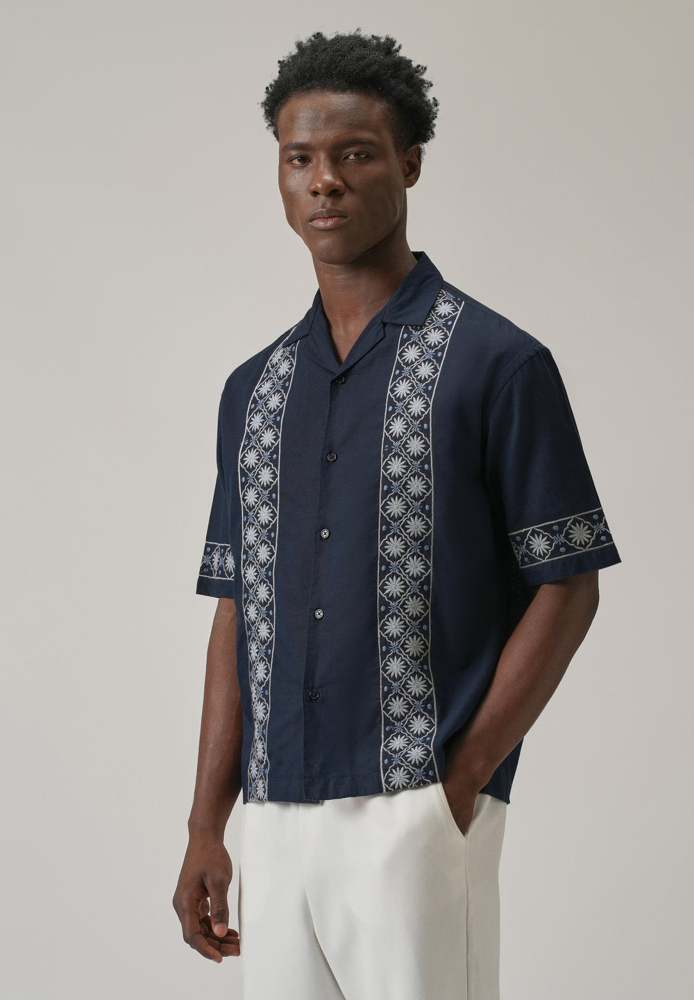 Geometric Embroidery Linen Shirt