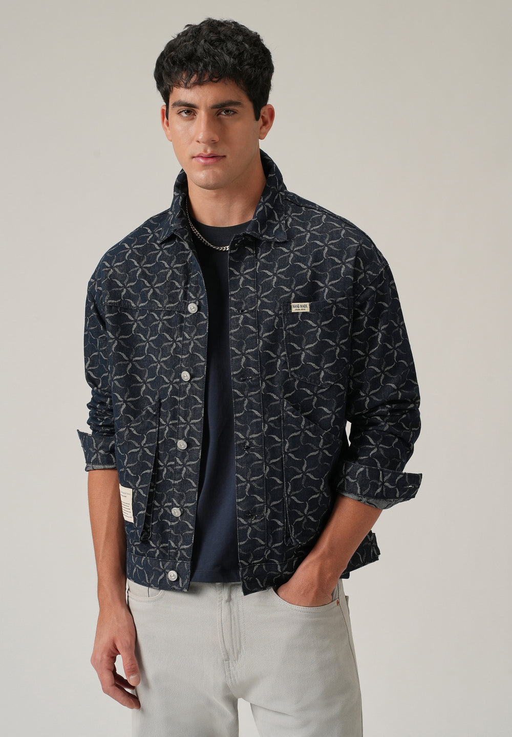 Geometric Floral Denim Jacquard Jacket