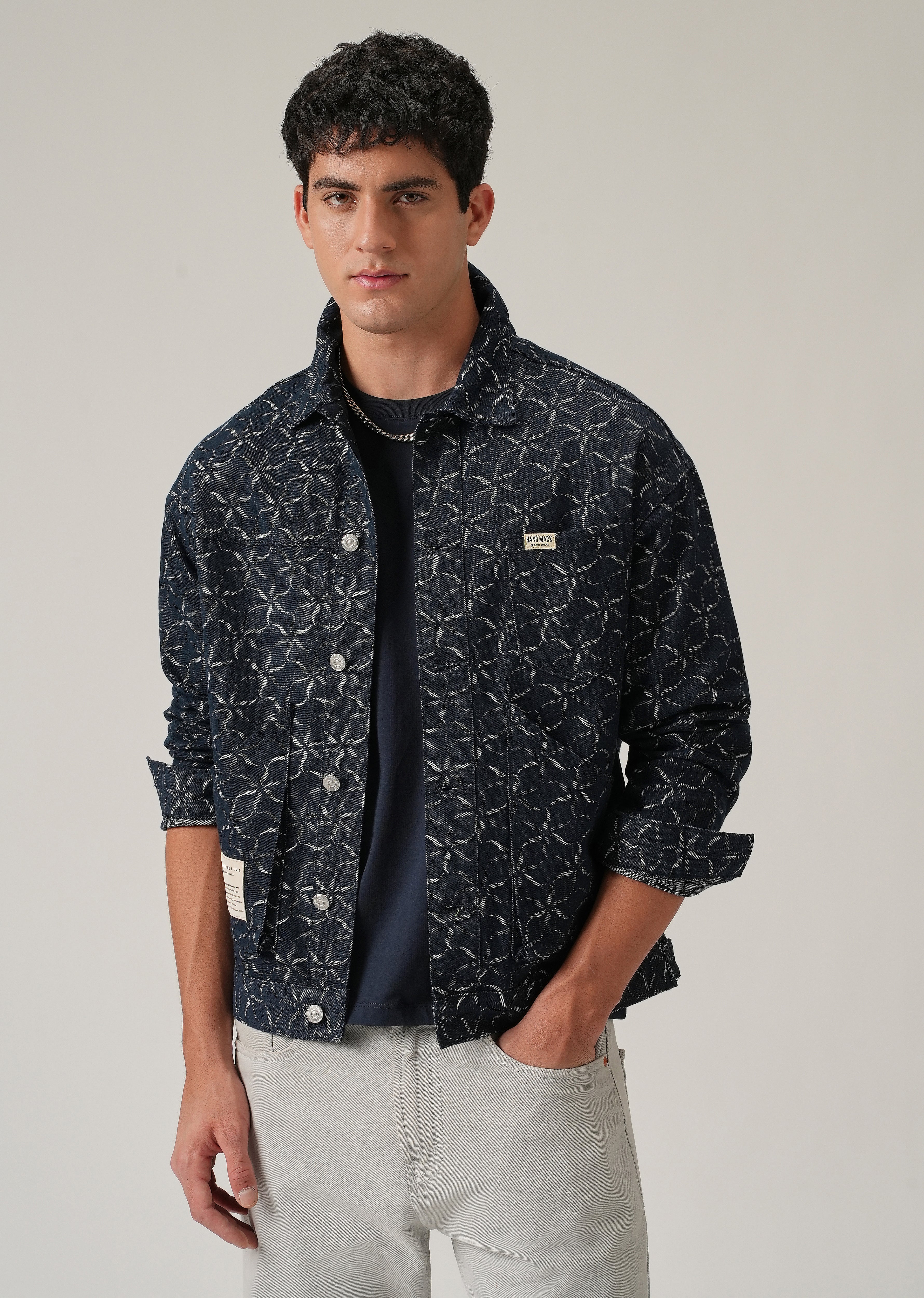 Geometric Floral Denim Jacquard Jacket