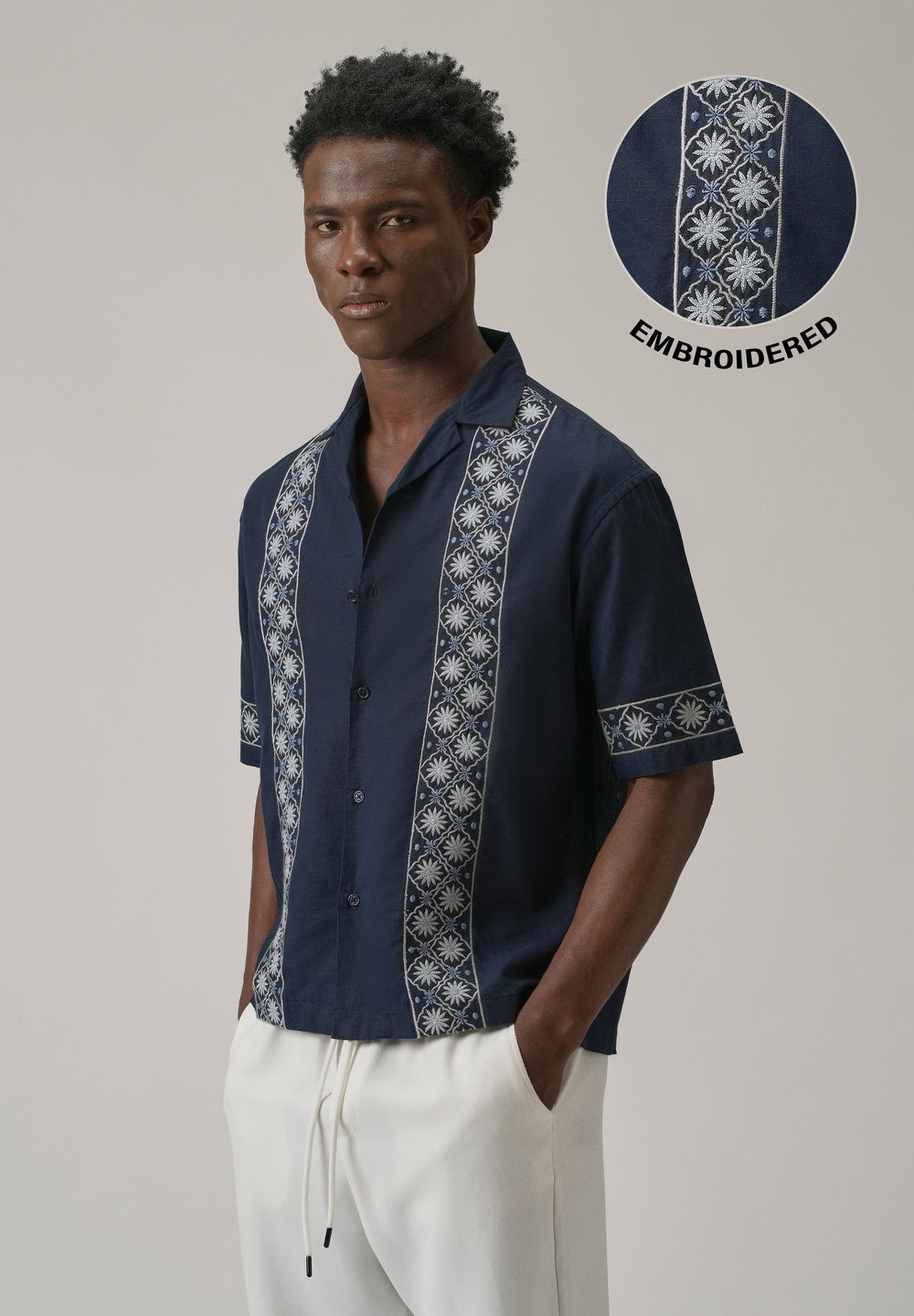 Geometric Embroidery Linen Shirt