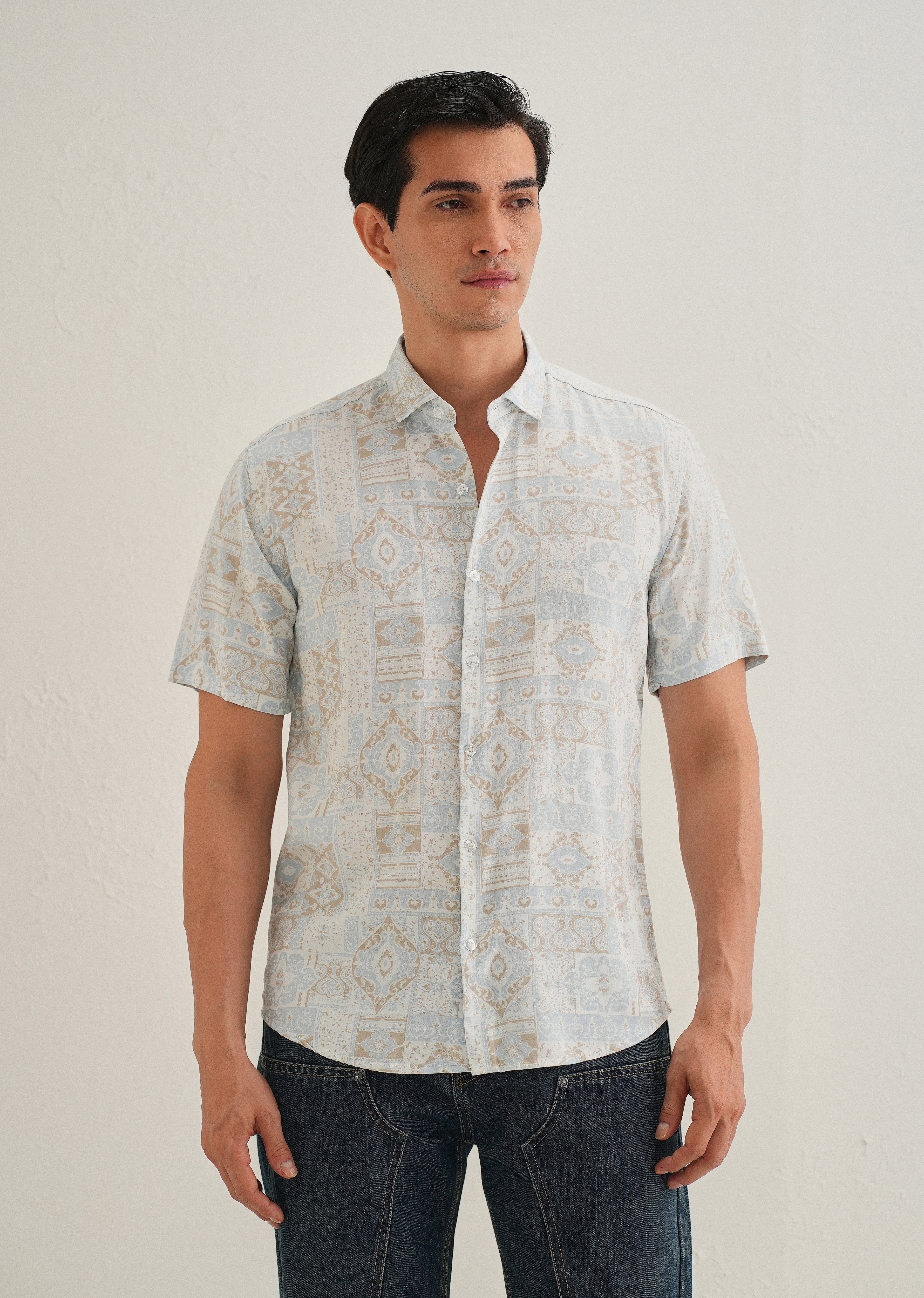 Geometric Print Beige Shirt