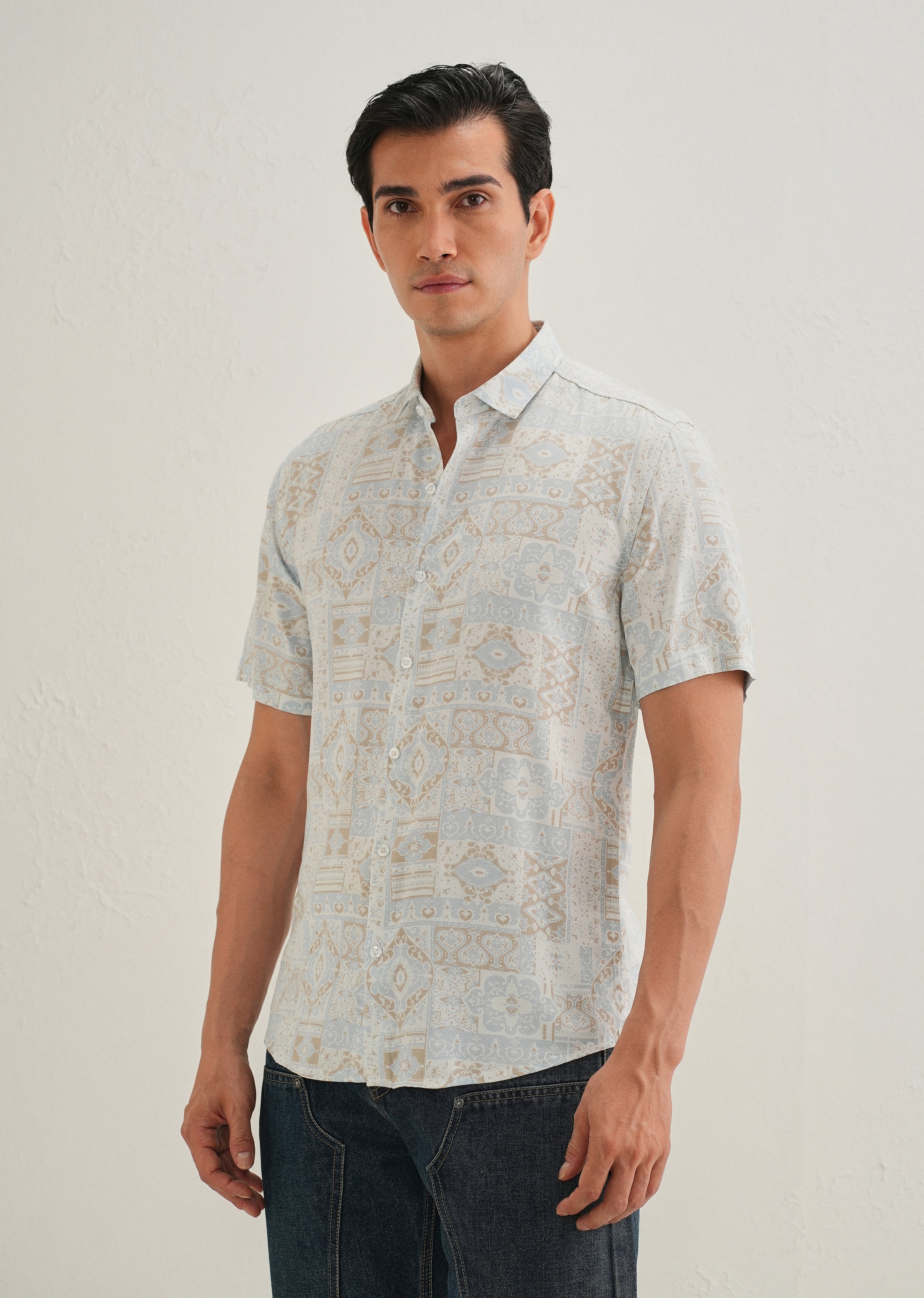 Geometric Print Beige Shirt