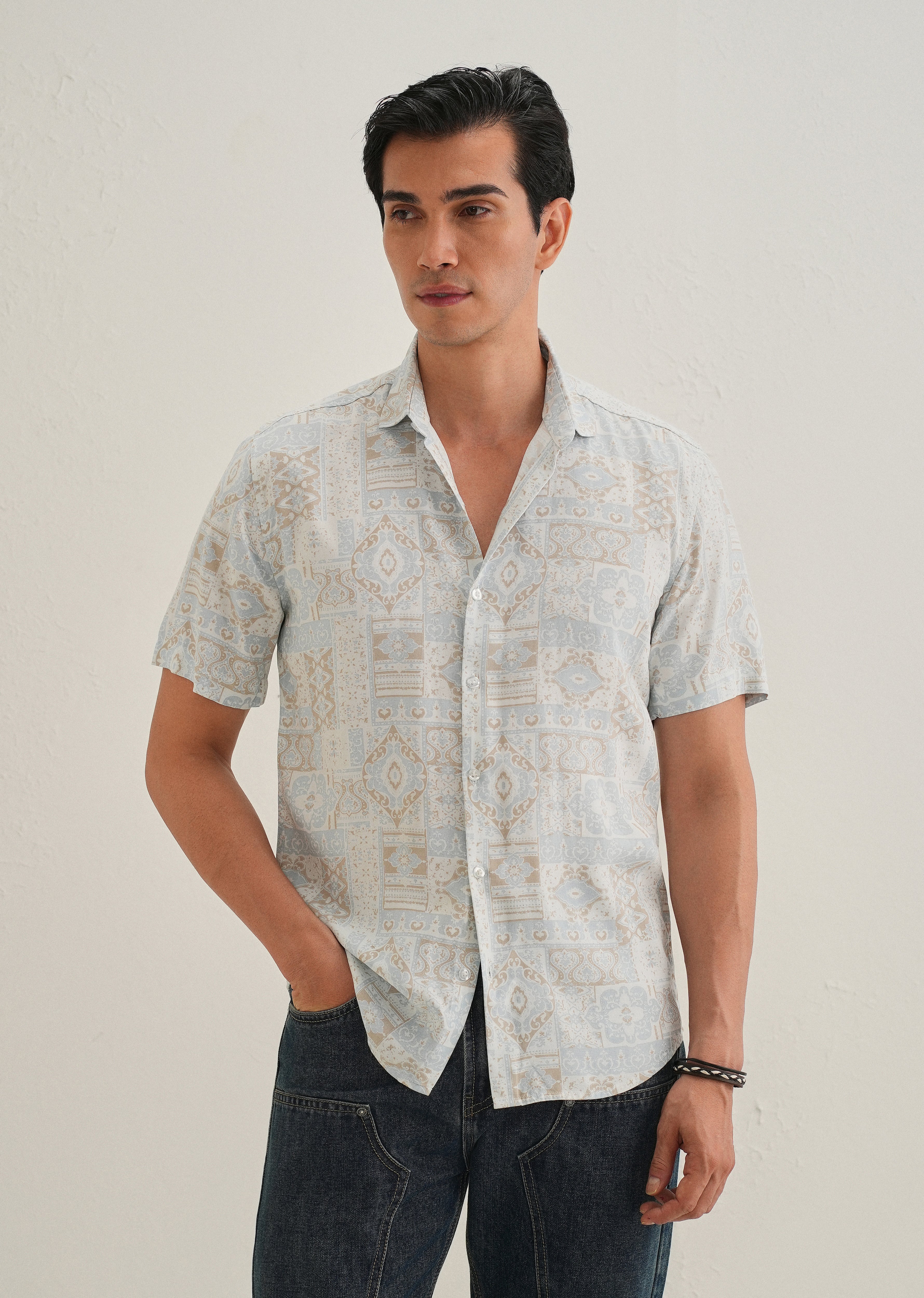 Geometric Print Beige Shirt