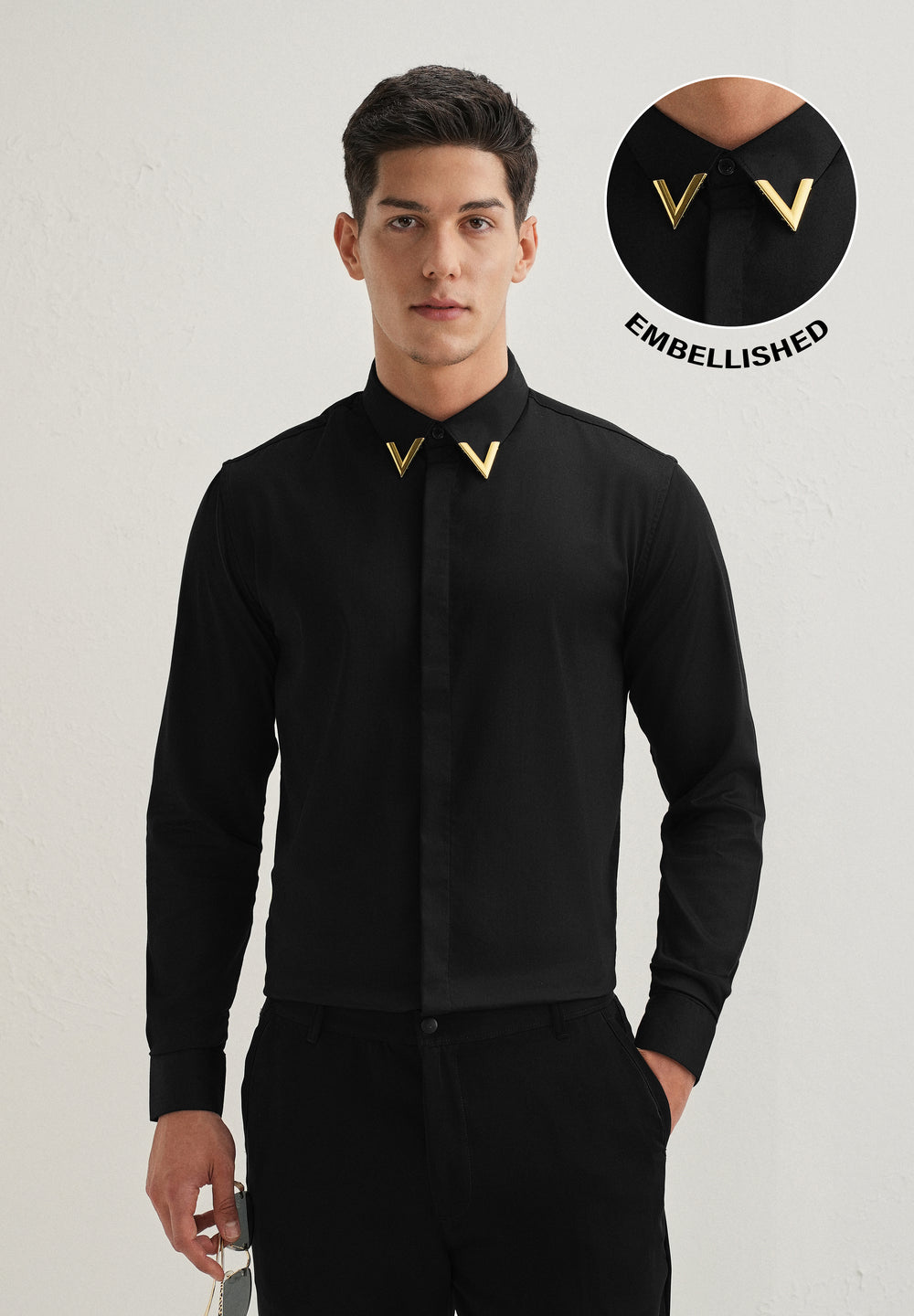 Gold-Tipped Collar Black Designer Shirt