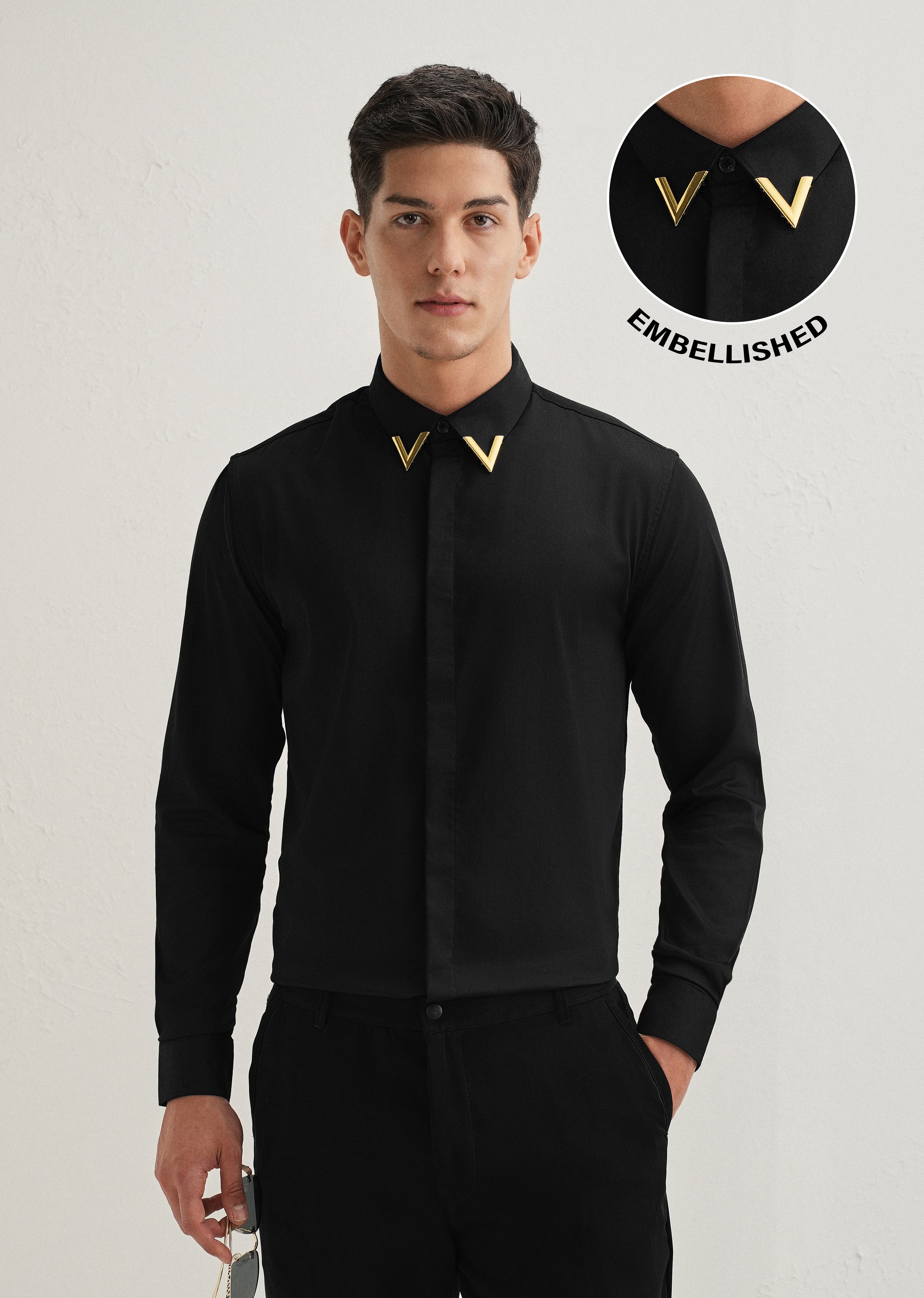 Gold-Tipped Collar Black Designer Shirt