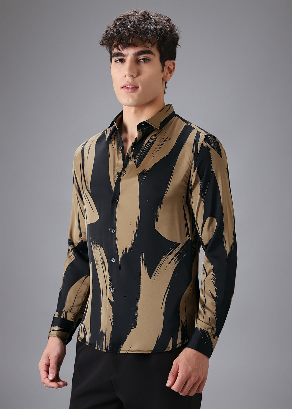 Gold Black Brush Abstract Printed Shirt