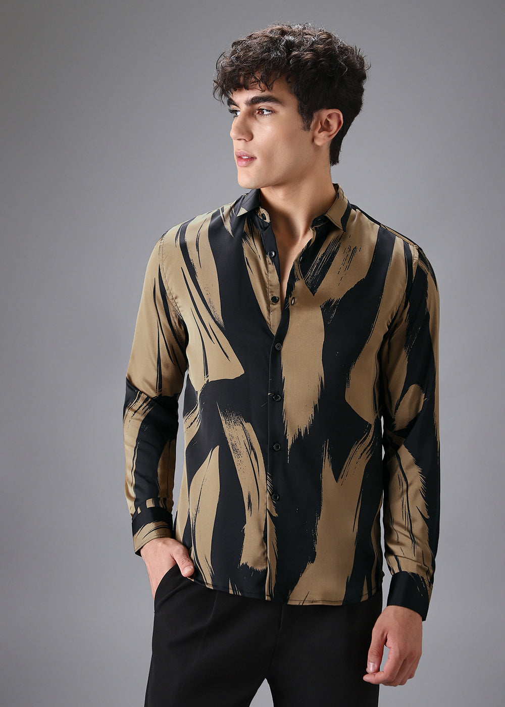 Gold Black Brush Abstract Printed Shirt