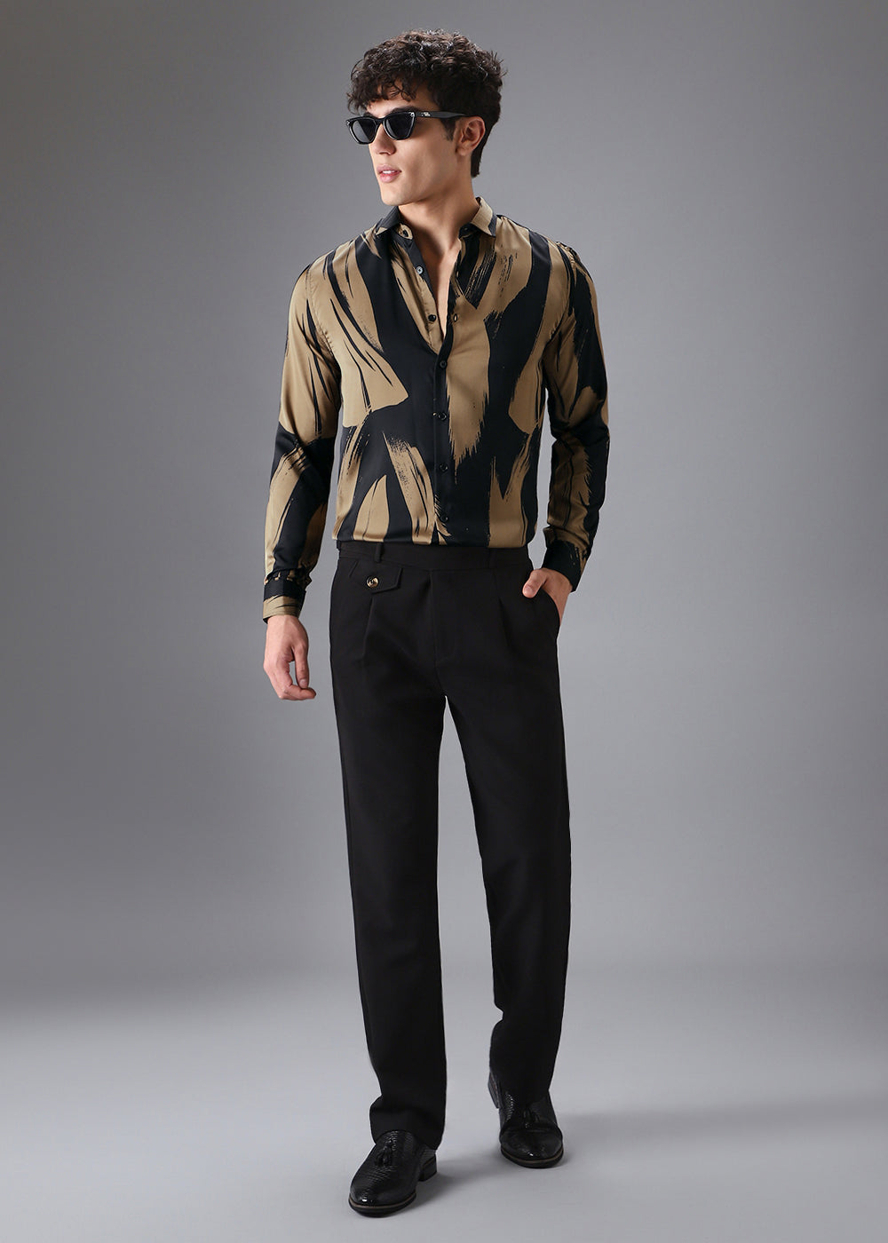 Gold Black Brush Abstract Printed Shirt