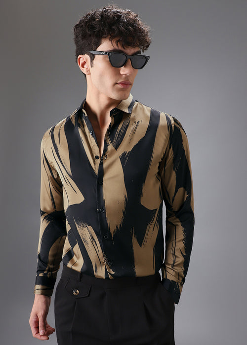 Gold Black Brush Abstract Printed Shirt