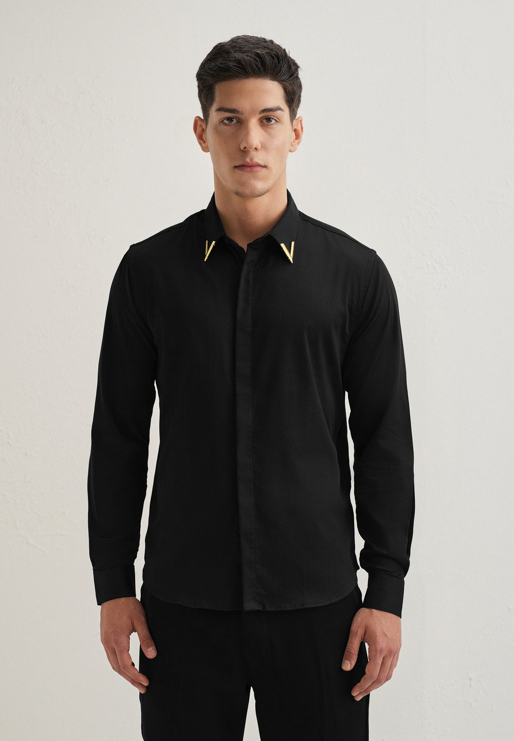 Gold-Tipped Collar Black Designer Shirt
