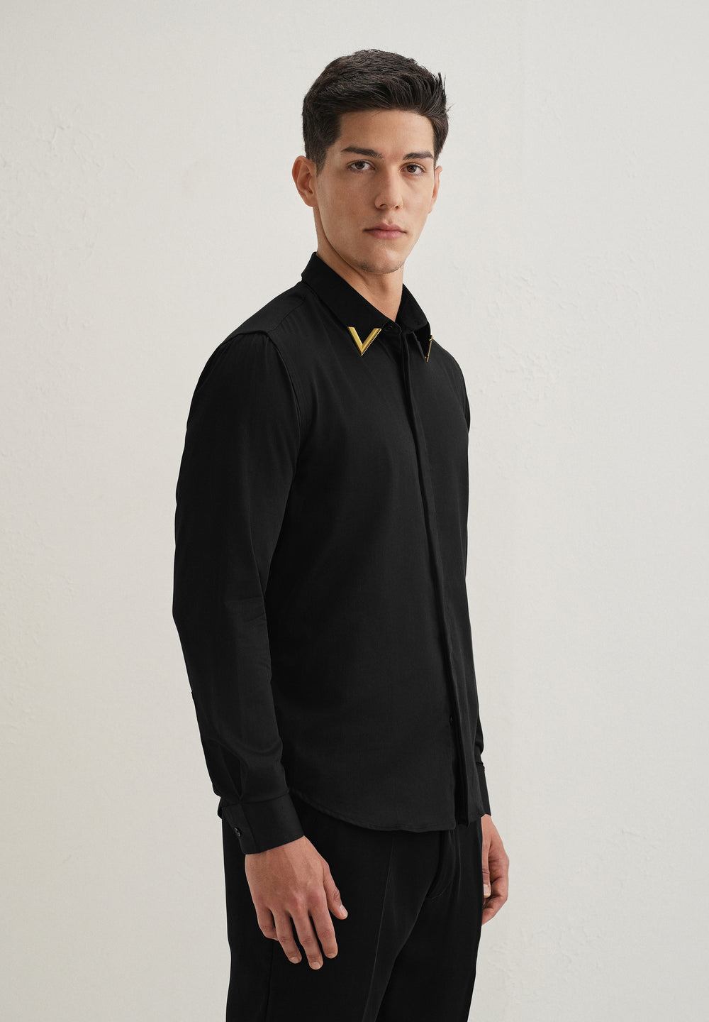 Gold-Tipped Collar Black Designer Shirt