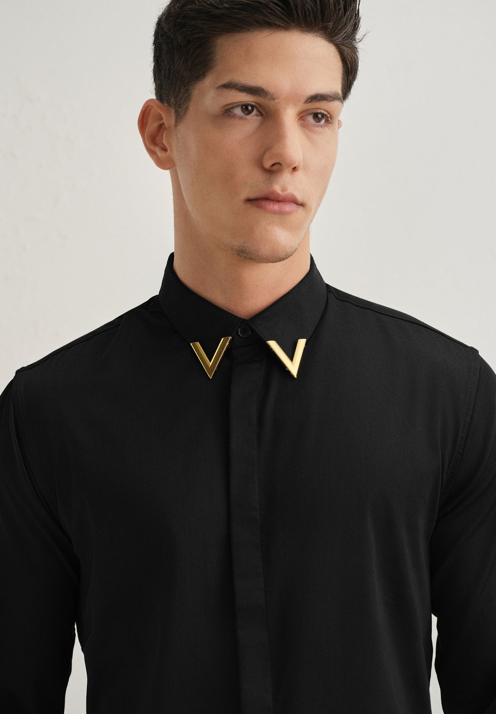 Gold-Tipped Collar Black Designer Shirt