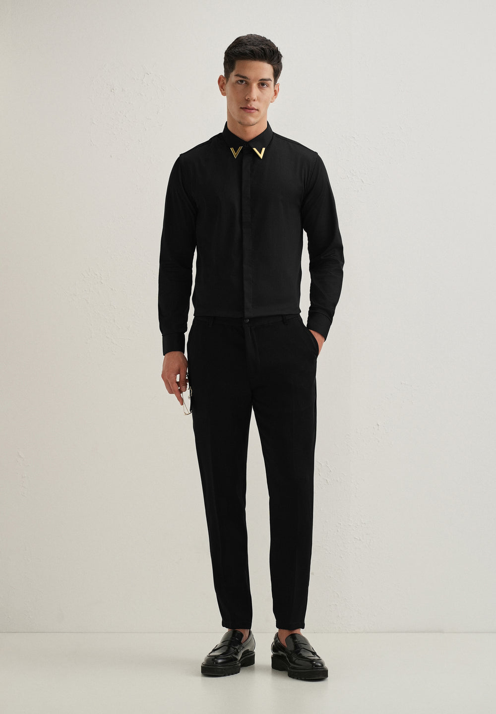 Gold-Tipped Collar Black Designer Shirt