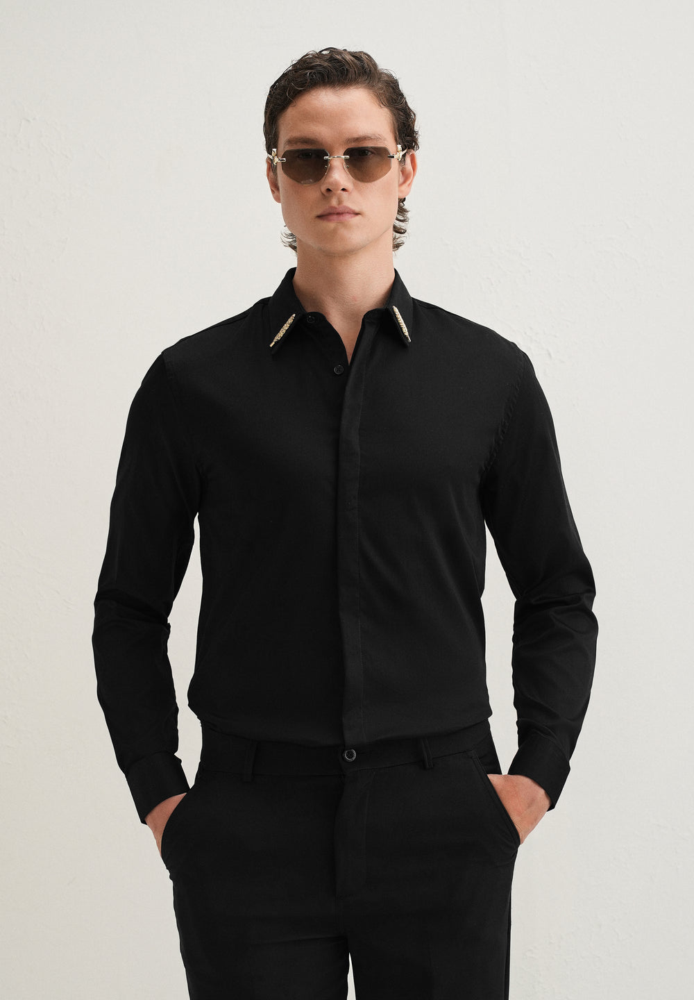 Gold Embellished Collar Tip Black Designer Shirt