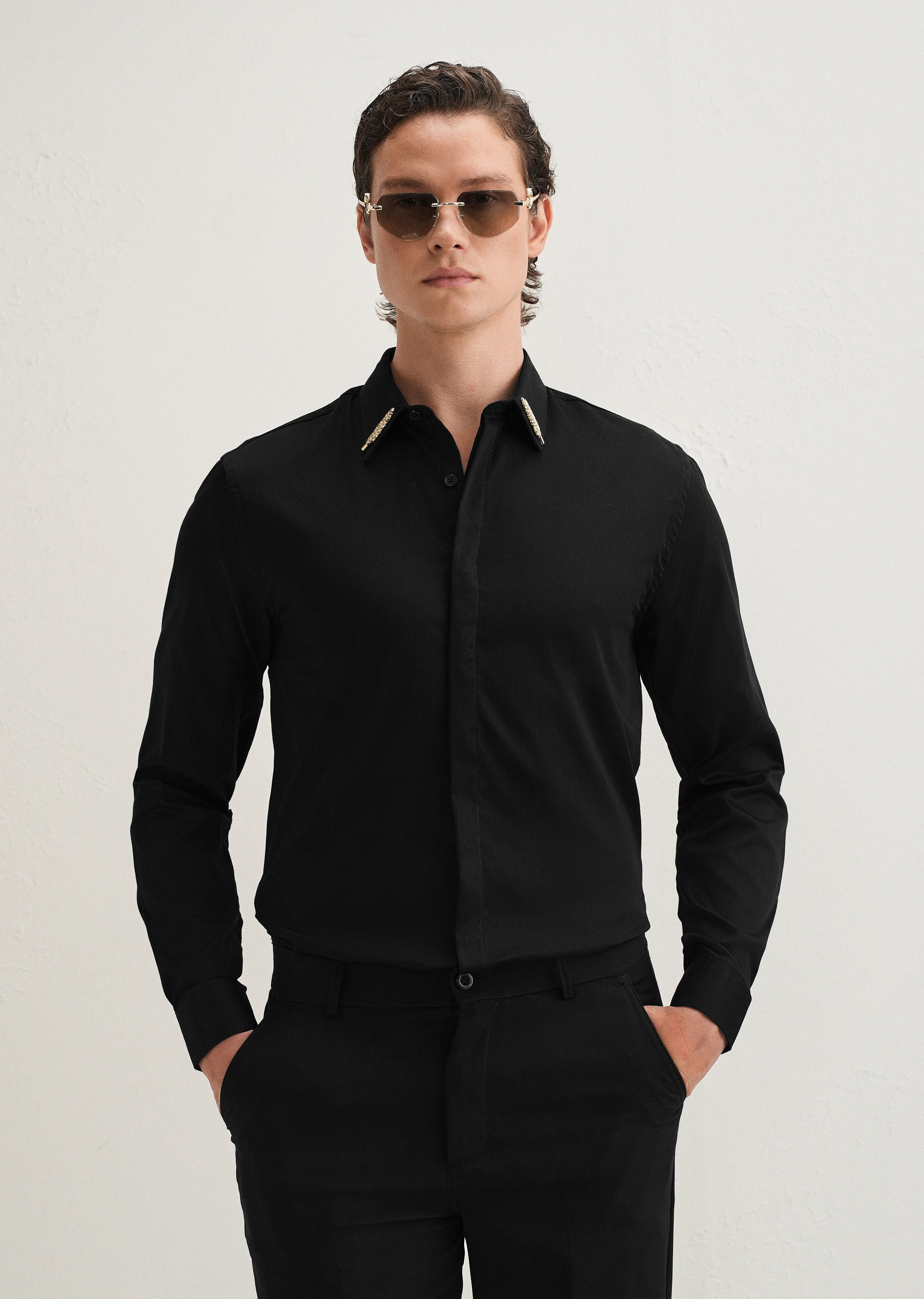 Gold Embellished Collar Tip Black Designer Shirt
