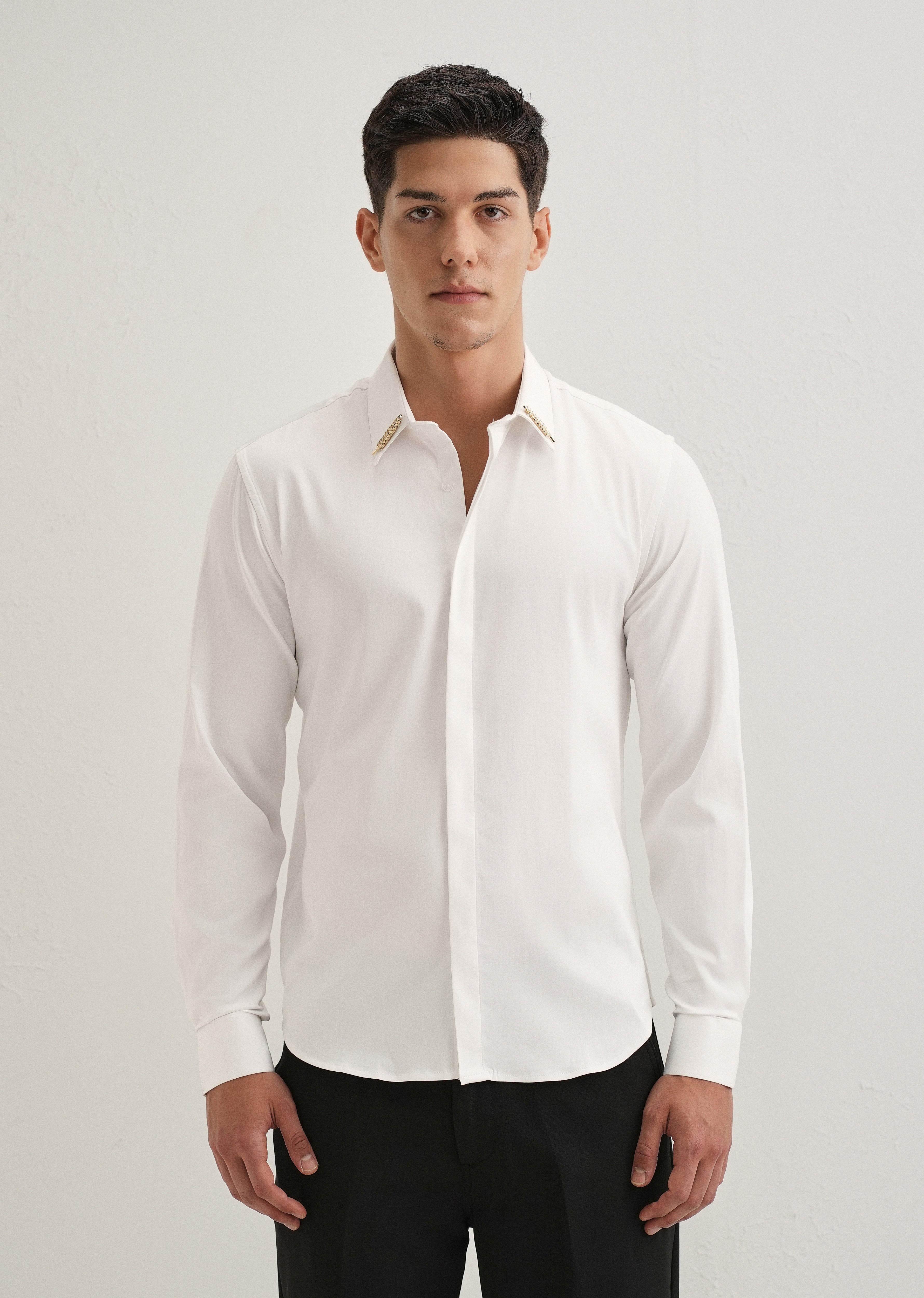 Gold Embellished Collar White Designer Shirt