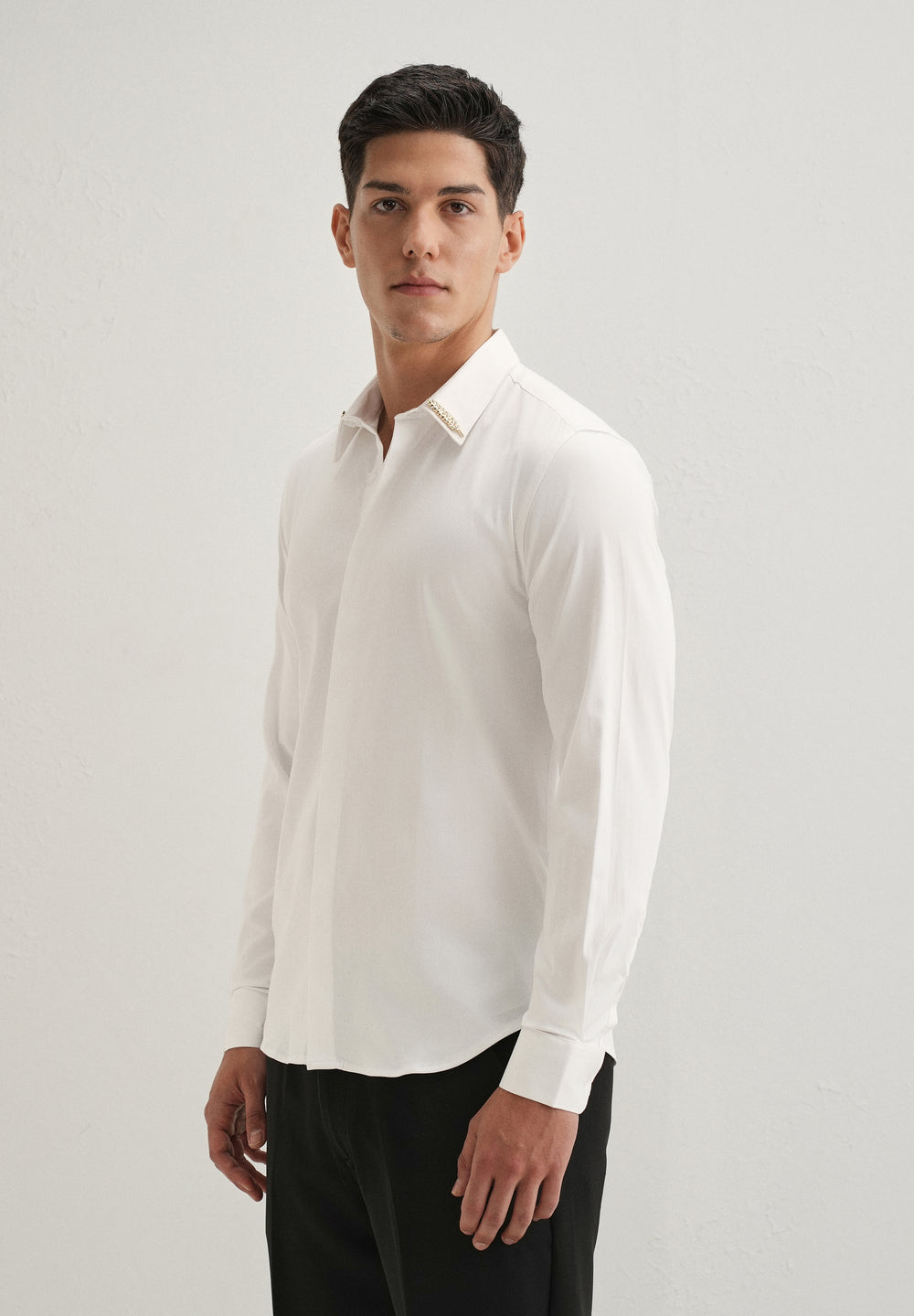 Gold Embellished Collar White Designer Shirt