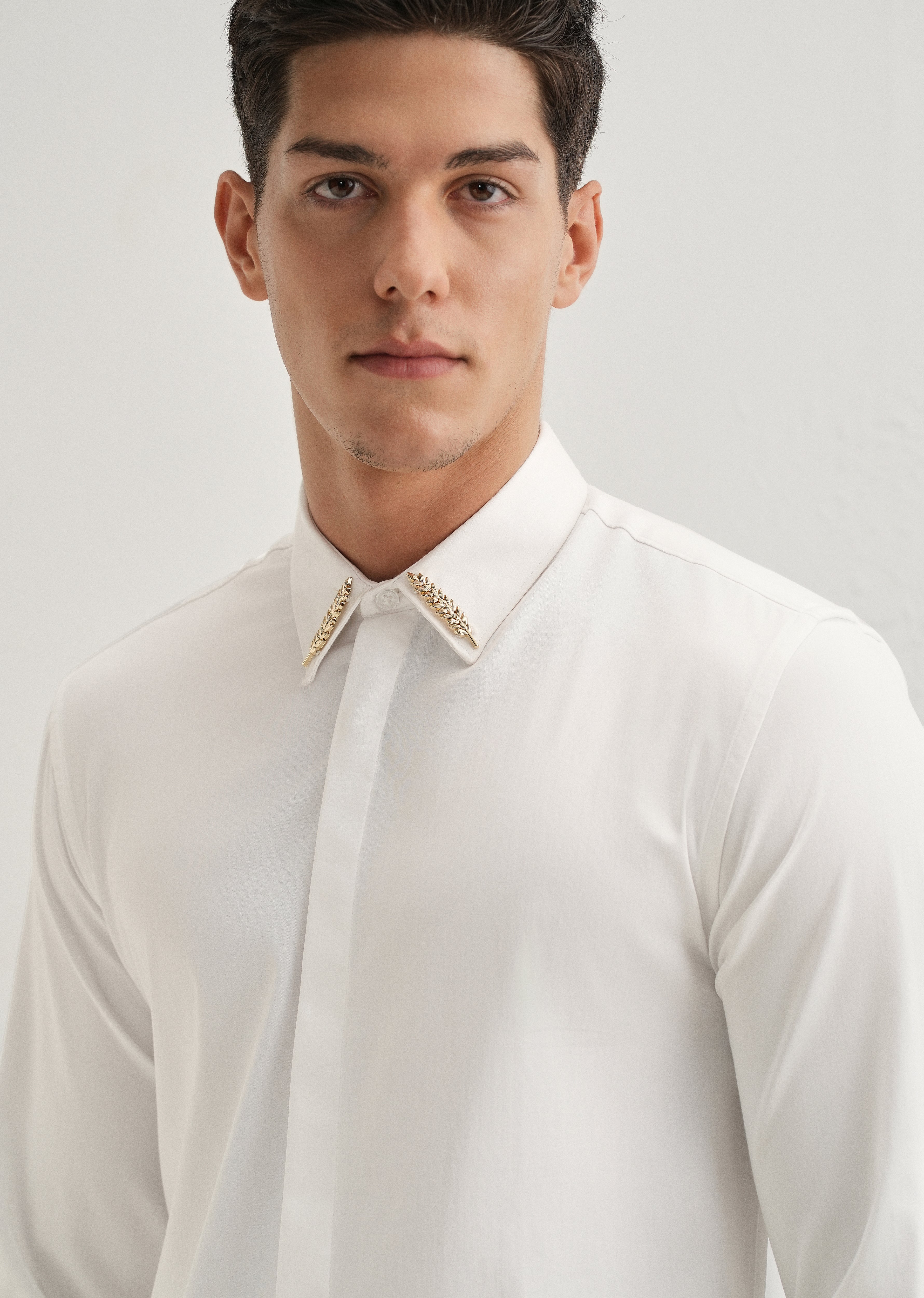 Gold Embellished Collar White Designer Shirt