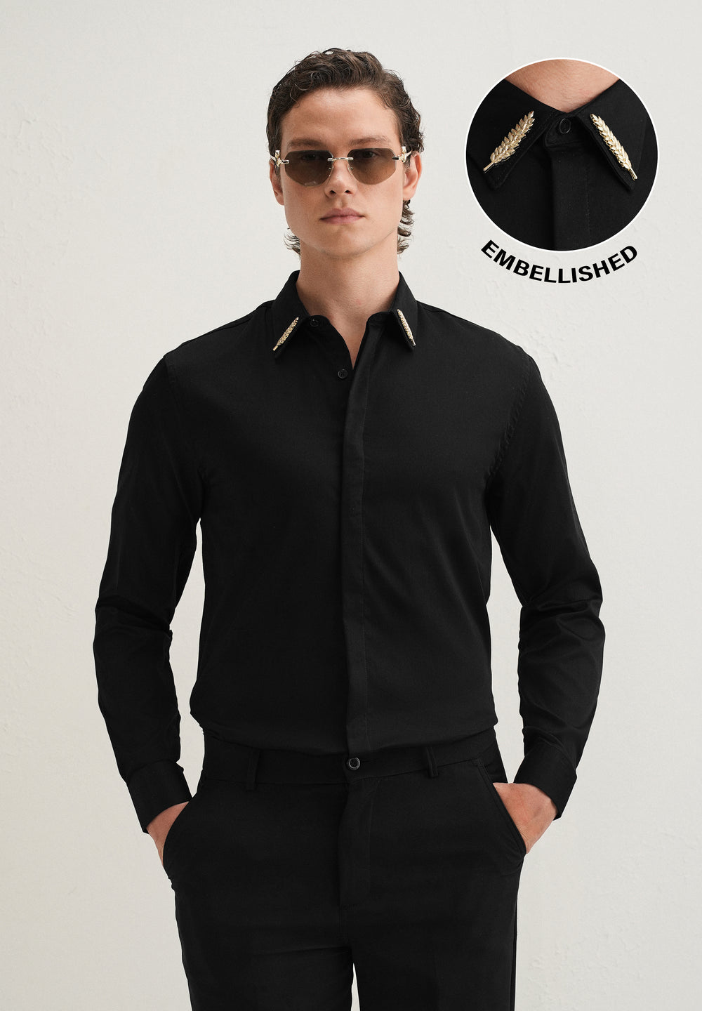 Gold Embellished Collar Tip Black Designer Shirt