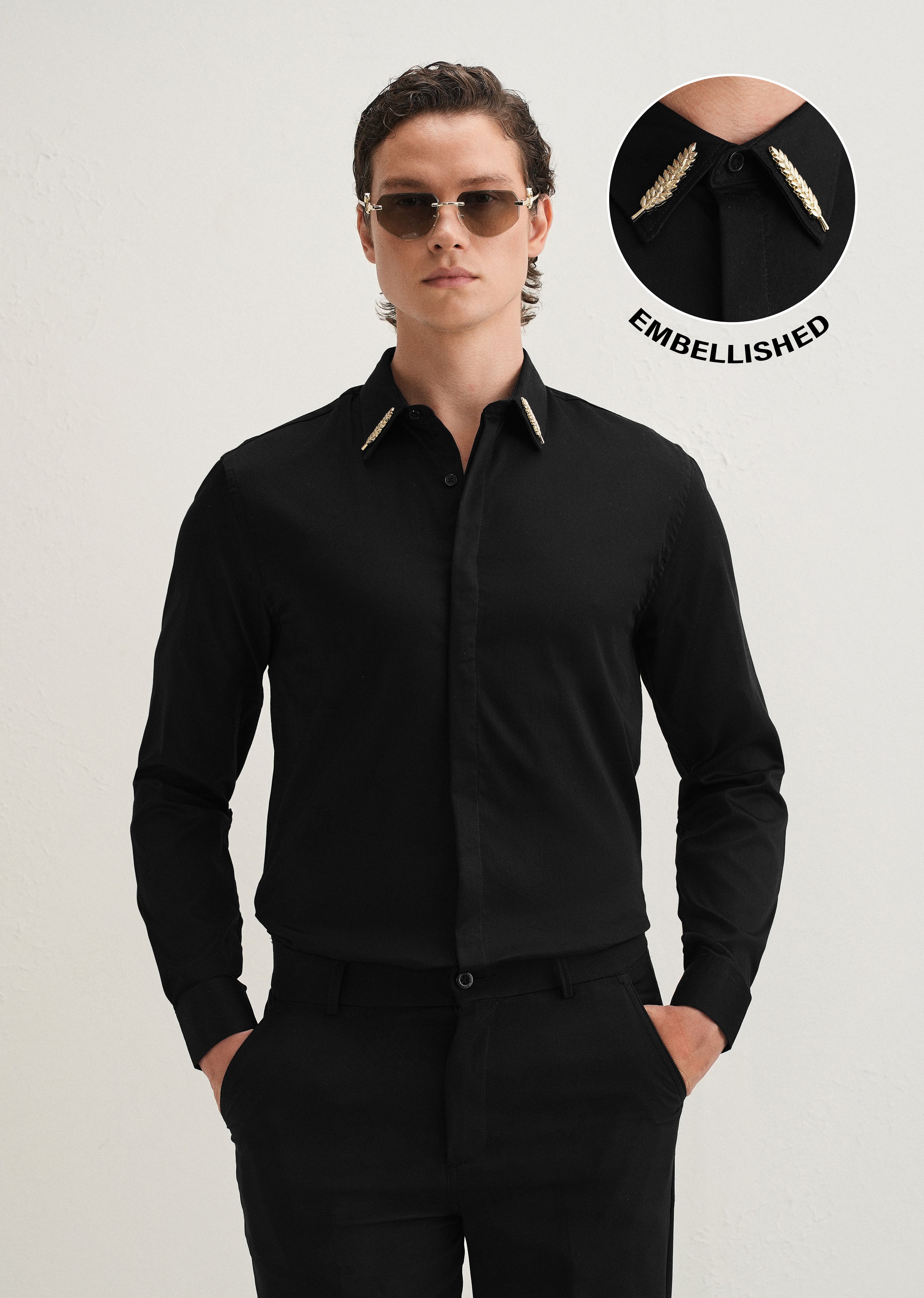Gold Embellished Collar Black Designer Shirt
