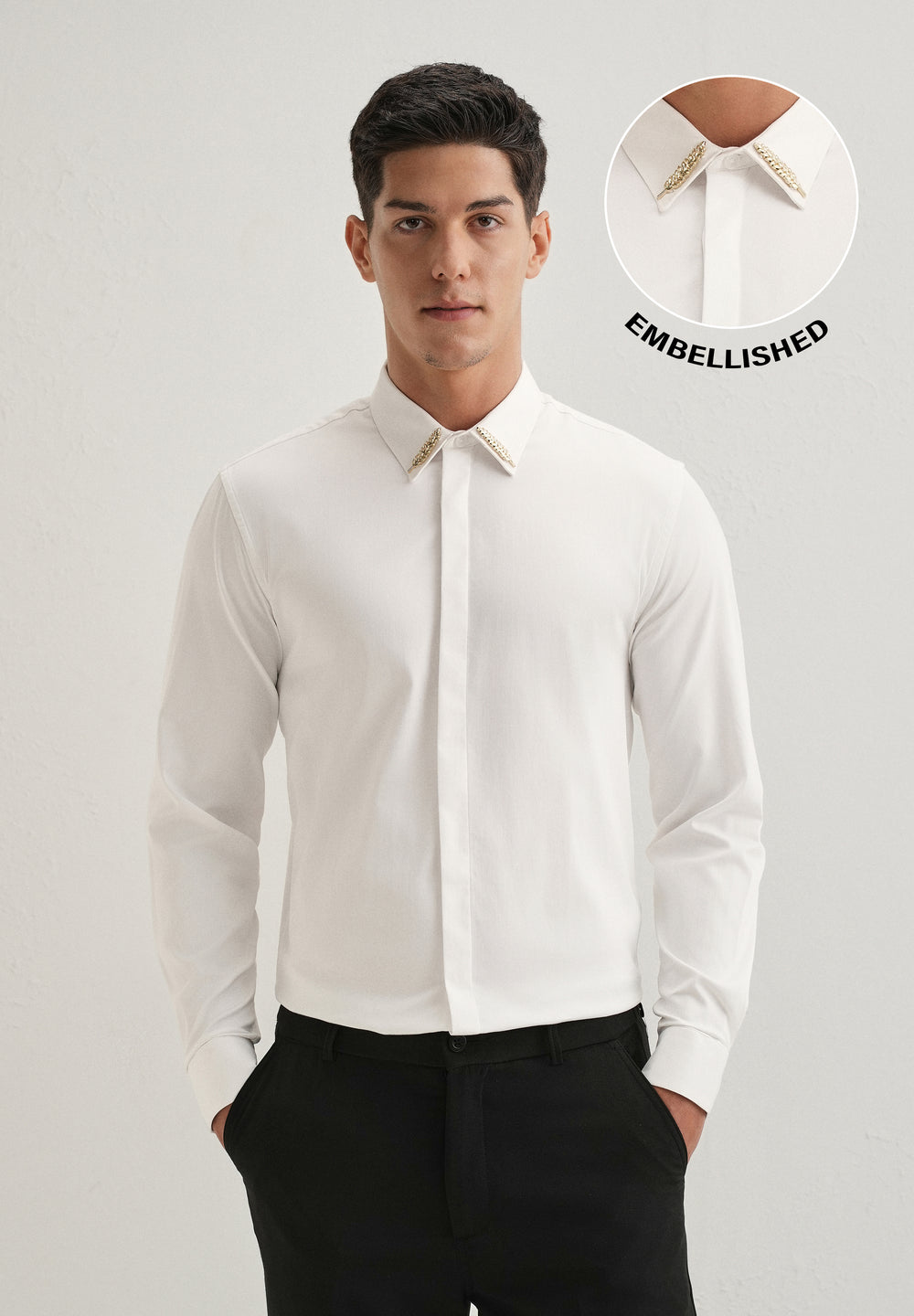 Gold Embellished Collar White Designer Shirt