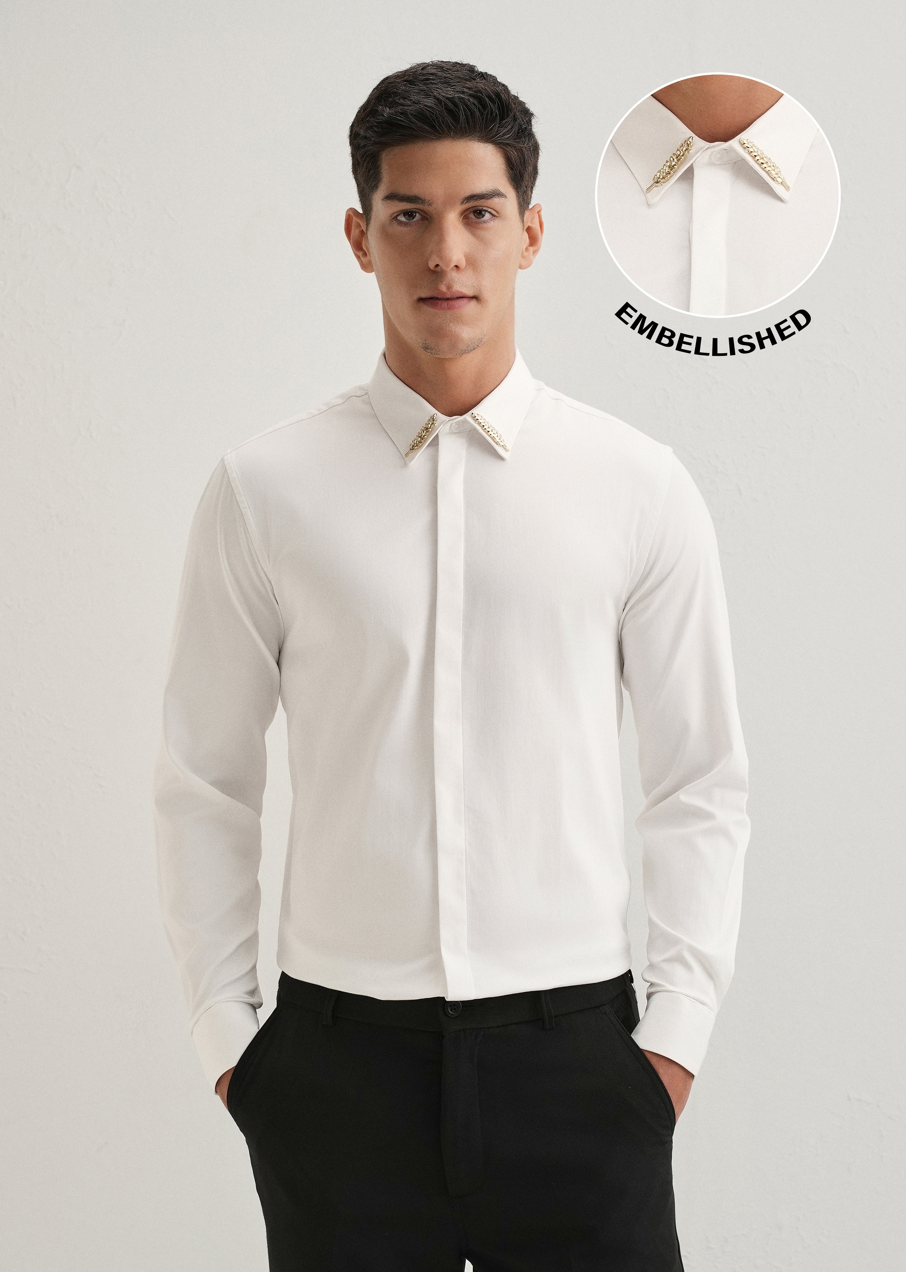 Gold Embellished Collar White Designer Shirt