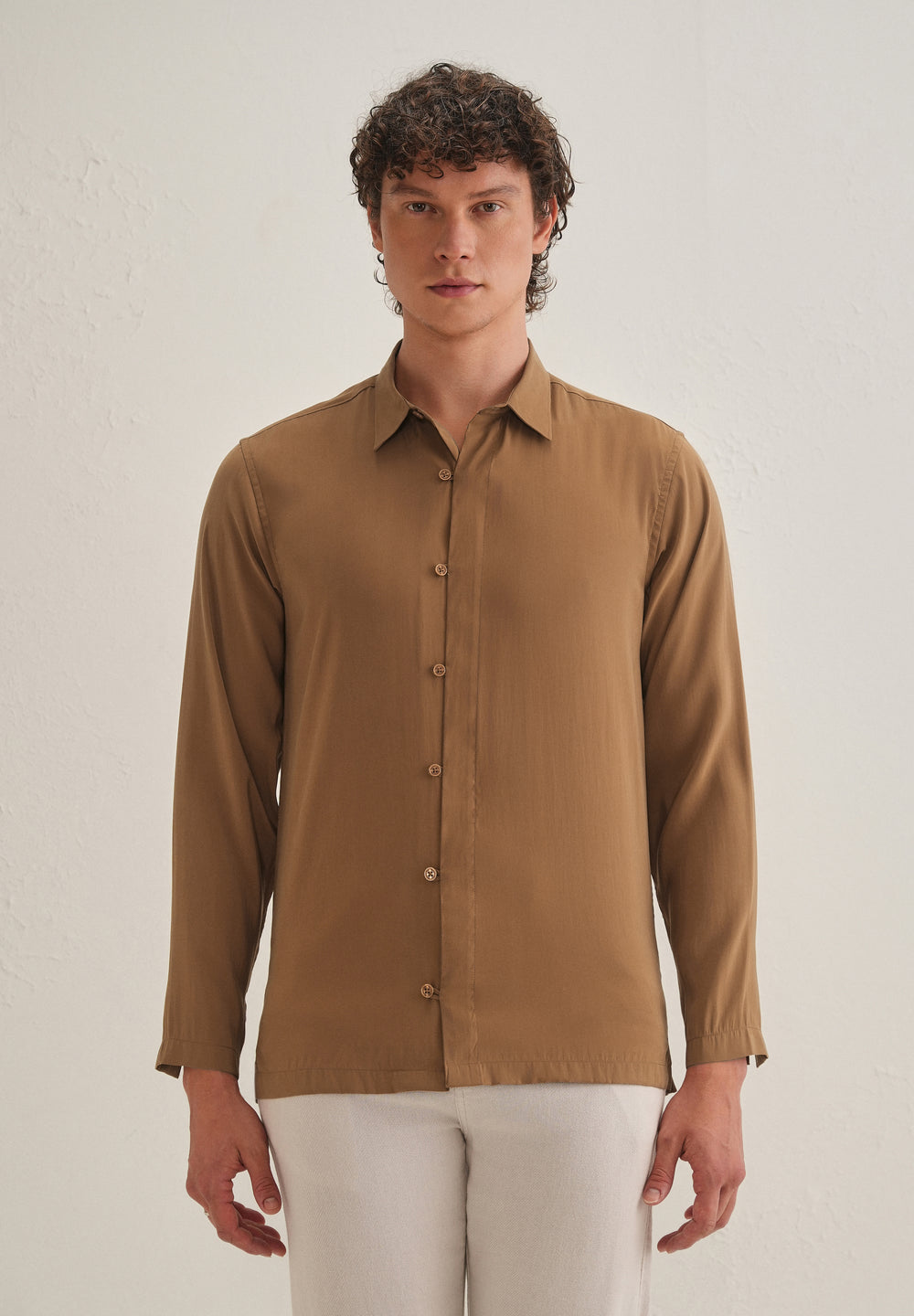 Golden Brown Loop Button-Down Plain Shirt