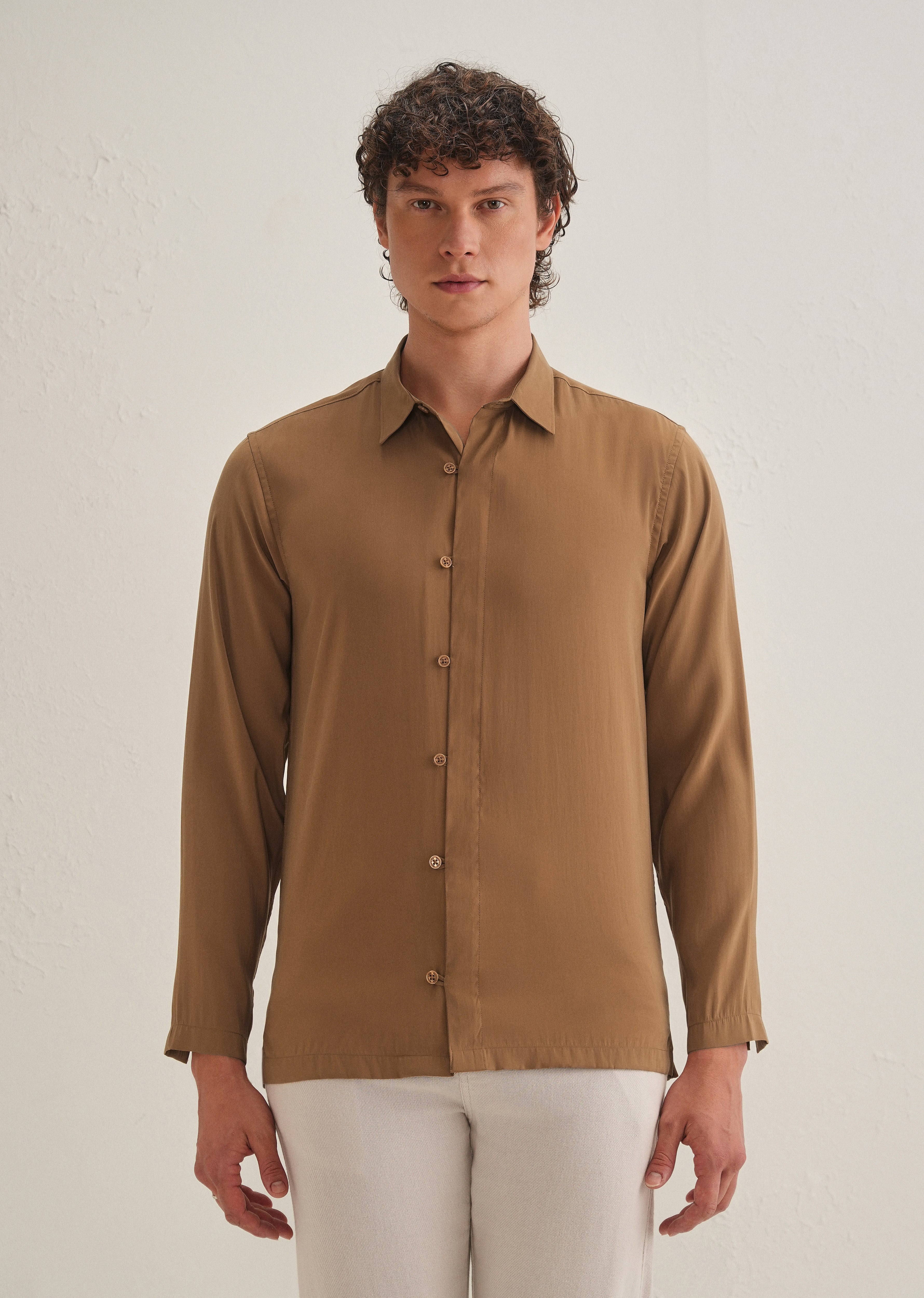 Golden Brown Loop Button-Down Plain Shirt