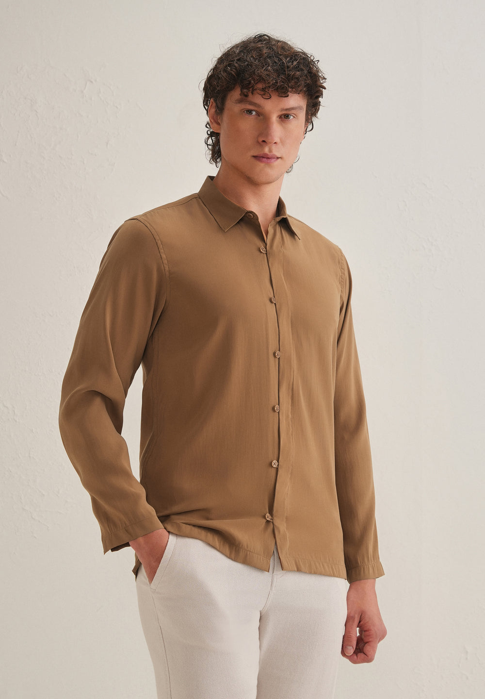 Golden Brown Loop Button-Down Plain Shirt