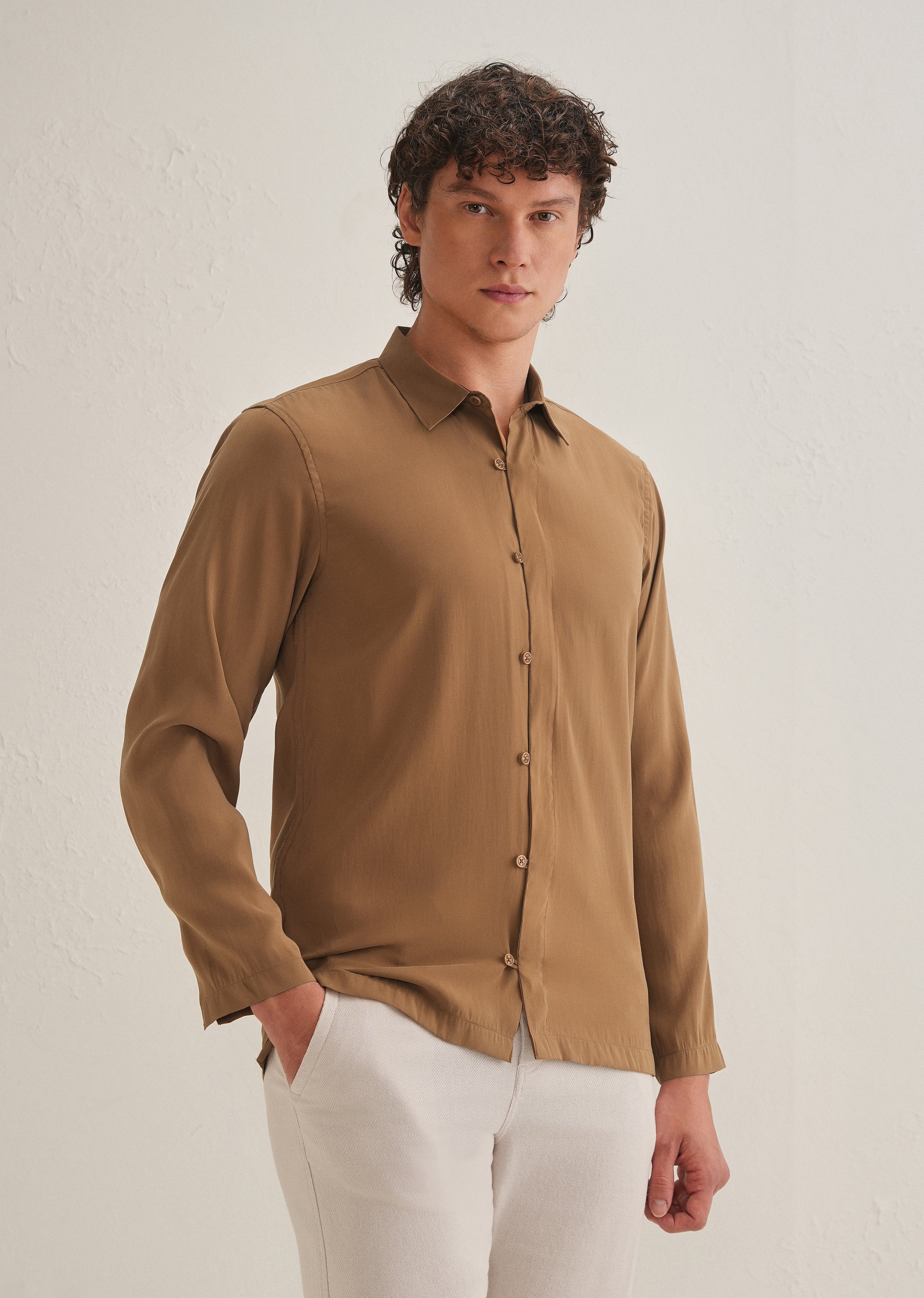 Golden Brown Loop Button-Down Plain Shirt